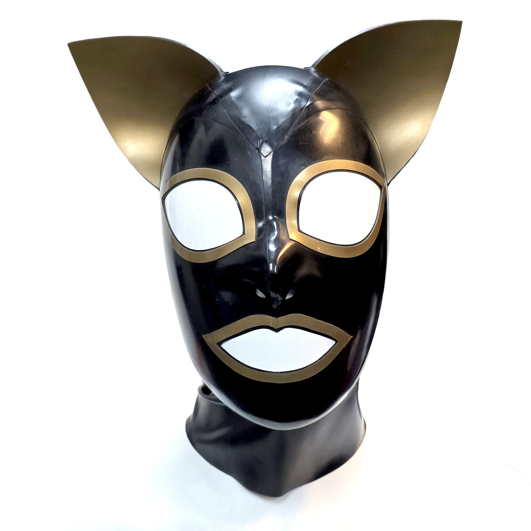 Latex rubber accessories latex-accessories head-gear hood latex-hood mask large-eyes fox-ears flexible anatomical contrast-trim zipper back-zip hair-shield sexy shiny glossy flexible fetish fashion alt-fashion alternative cyber cyberpunk bondage bdsm bdsm-toys bdsm-fashion kink kinky kinkwear pet-play cat kitty kitten fox cat-woman costume cosplay halloween unisex black-gold 