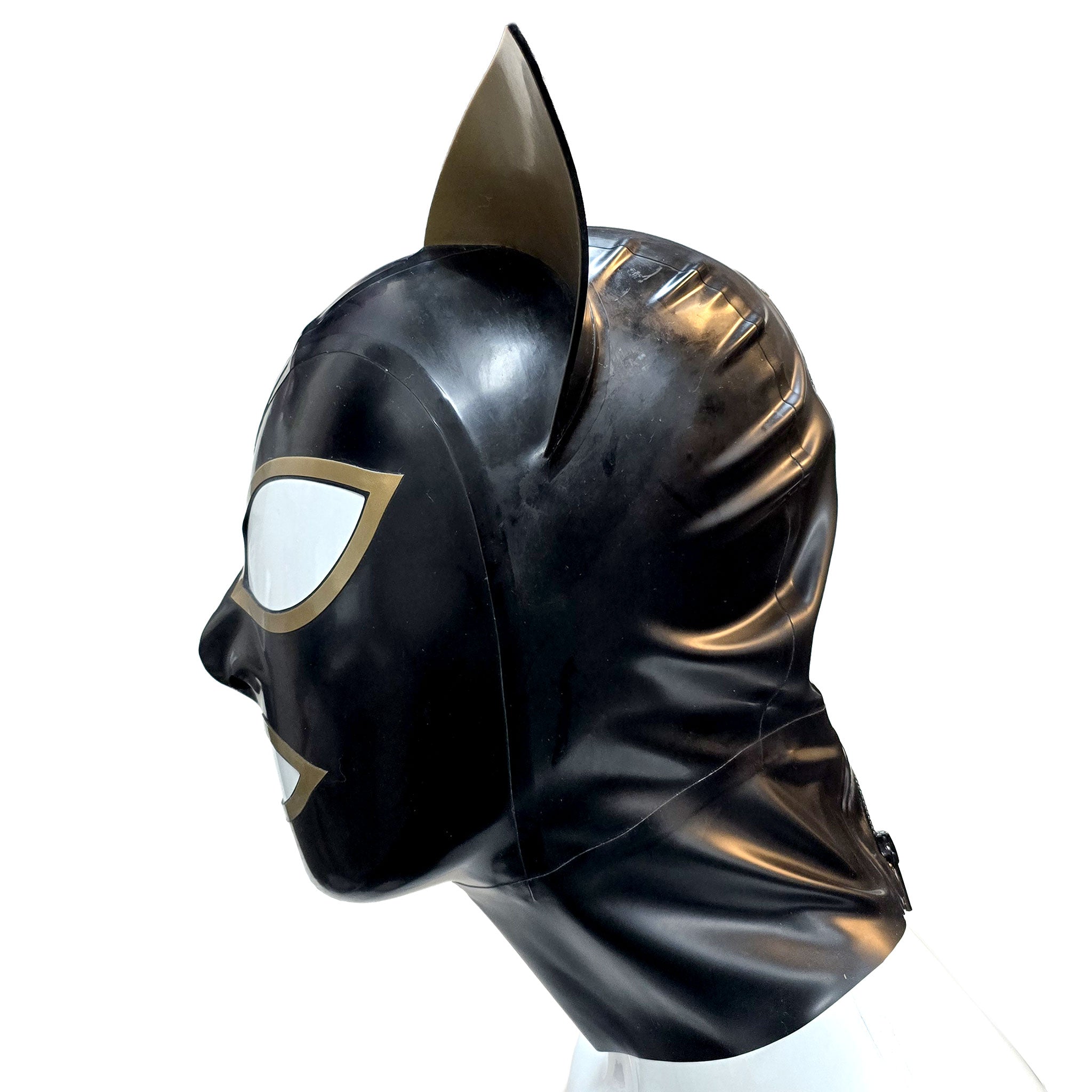 Latex rubber accessories latex-accessories head-gear hood latex-hood mask large-eyes fox-ears flexible anatomical contrast-trim zipper back-zip hair-shield sexy shiny glossy flexible fetish fashion alt-fashion alternative cyber cyberpunk bondage bdsm bdsm-toys bdsm-fashion kink kinky kinkwear pet-play cat kitty kitten fox cat-woman costume cosplay halloween unisex black-gold 