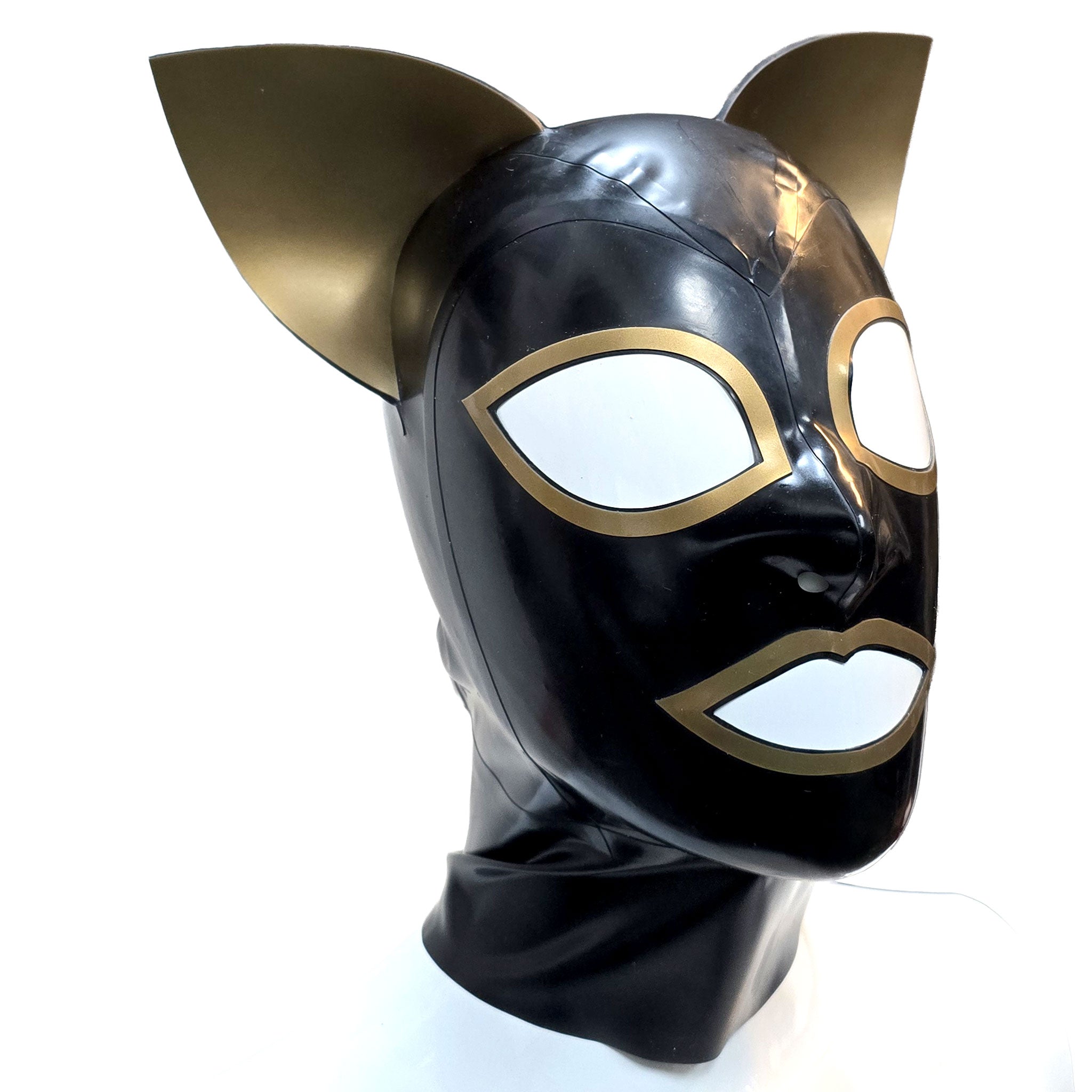 Latex rubber accessories latex-accessories head-gear hood latex-hood mask large-eyes fox-ears flexible anatomical contrast-trim zipper back-zip hair-shield sexy shiny glossy flexible fetish fashion alt-fashion alternative cyber cyberpunk bondage bdsm bdsm-toys bdsm-fashion kink kinky kinkwear pet-play cat kitty kitten fox cat-woman costume cosplay halloween unisex black-gold 