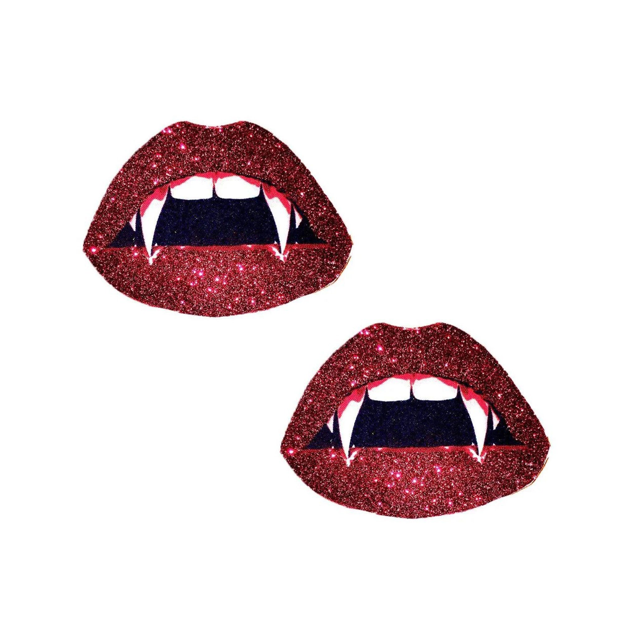 Adhesive medical-grade swimsuit-material blacklight-reactive uv-reactive hypoallergenic latex-free glitter accessories intimates nipple pasties nipple-pasties nipple-covers breast-covers breast-shields sexy vampire succubus fangs teeth bite bite-me suck costume cosplay halloween valentines goth gothic punk glam glamorous rave ravewear festival female femme feminine womens red white