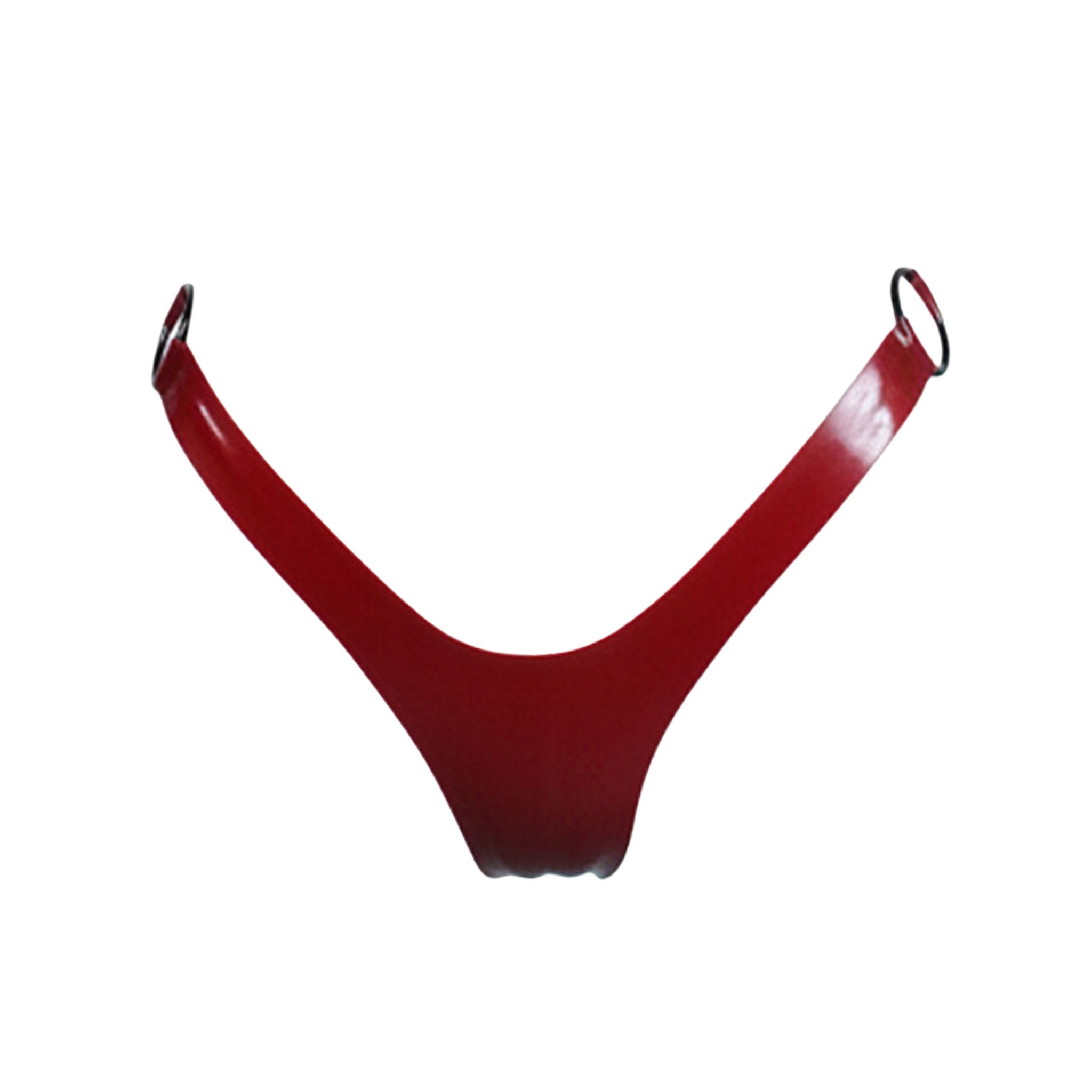 Latex rubber apparel intimates lingerie panty panties thong g-string O-ring hip-ring smooth fitted cheeky fetish fashion alt-fashion punk cyber fetishwear bondage bdsm bdsm-fashion kink kinky kinkwear costume cosplay halloween vampire succubus female femme feminine women blood-red red