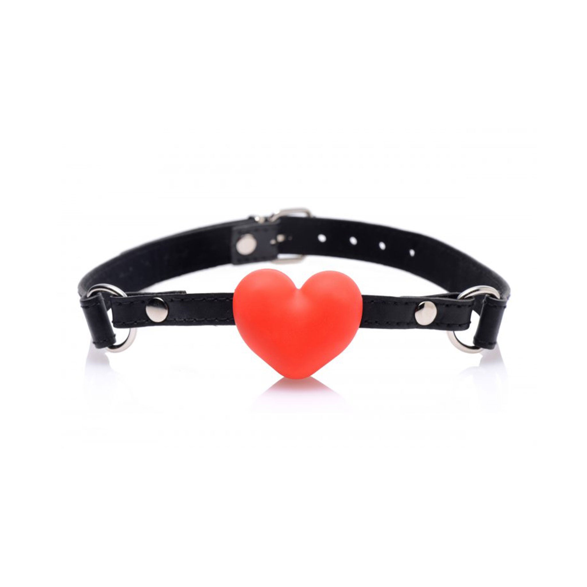 Silicone non-porous phthalate-free leather PU-leather accessories gag mouth-gag heart-shaped adjustable buckle soft playful odorless tasteless sexy fetish fashion alt-fashion alternative bedroom dungeon bondage bdsm bdsm-toys kink kinky kinky-play frisky heartbeat heart-beat sub submissive restraints muffled-sound stifled-speech valentines valentines-collection be-mine couples couples-play partnered-play adult-toys unisex red