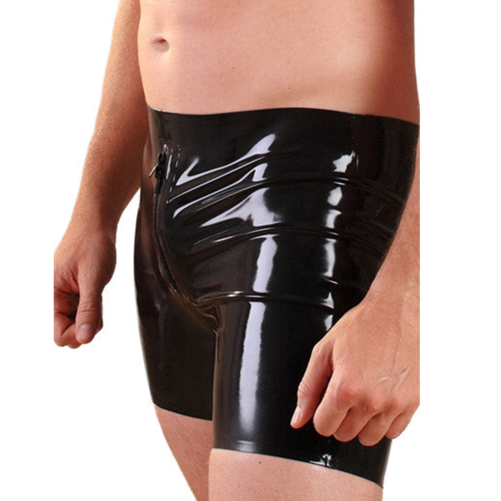 Front zip latex shorts men’s latex shorts 2-way zipper shiny latex rubber fetish shorts handcrafted UK latex 0.45mm thickness glossy black latex underwear fetish fashion zip front kink wear latex play shorts durable plastic hardware tight latex shorts body-hugging rubber shorts erotic latex clothing.