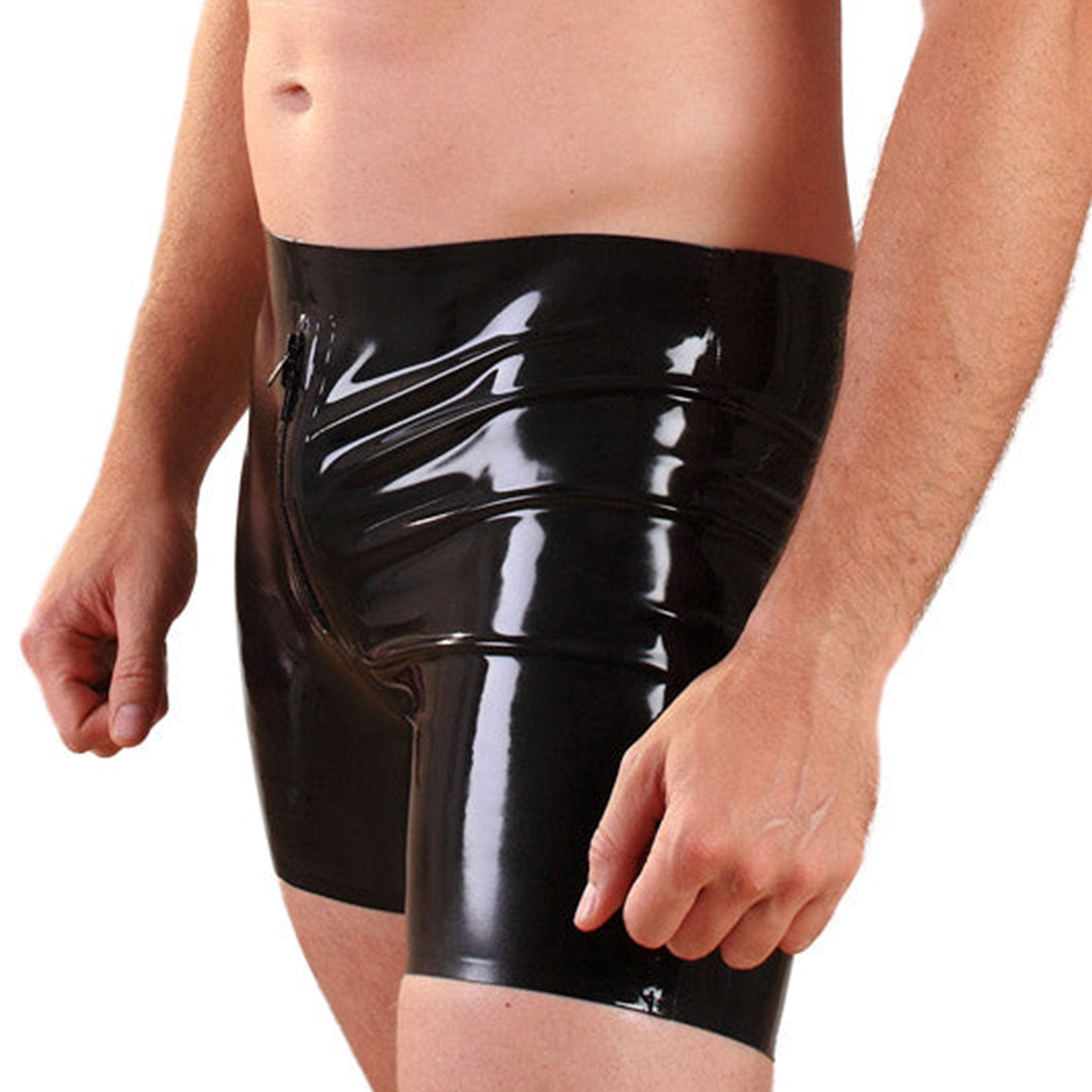 Latex rubber seamed-latex seamed-rubber bottoms underwear shorts boxers pullon pull-on front-zip zipper 2way 2-way two-way easy-access shiny glossy fetish fashion alt-fashion bdsm-gear bdsm-fashion male masculine masc mens menswear guys dudes gay black