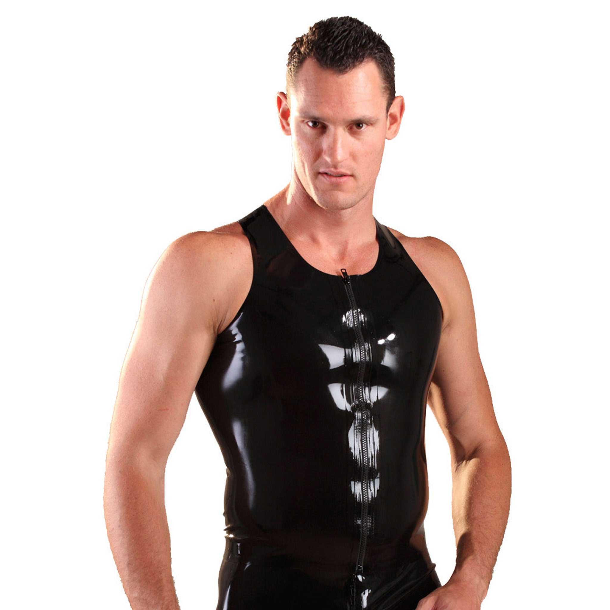 Latex rubber heavy-duty top outerwear vest sleeveless front-zip zipper plastic shiny glossy sports-style freedom constricting gun-show fetish fashion alt-fashion bdsm-fashion bdsm male masculine masc mens menswear guys dudes black