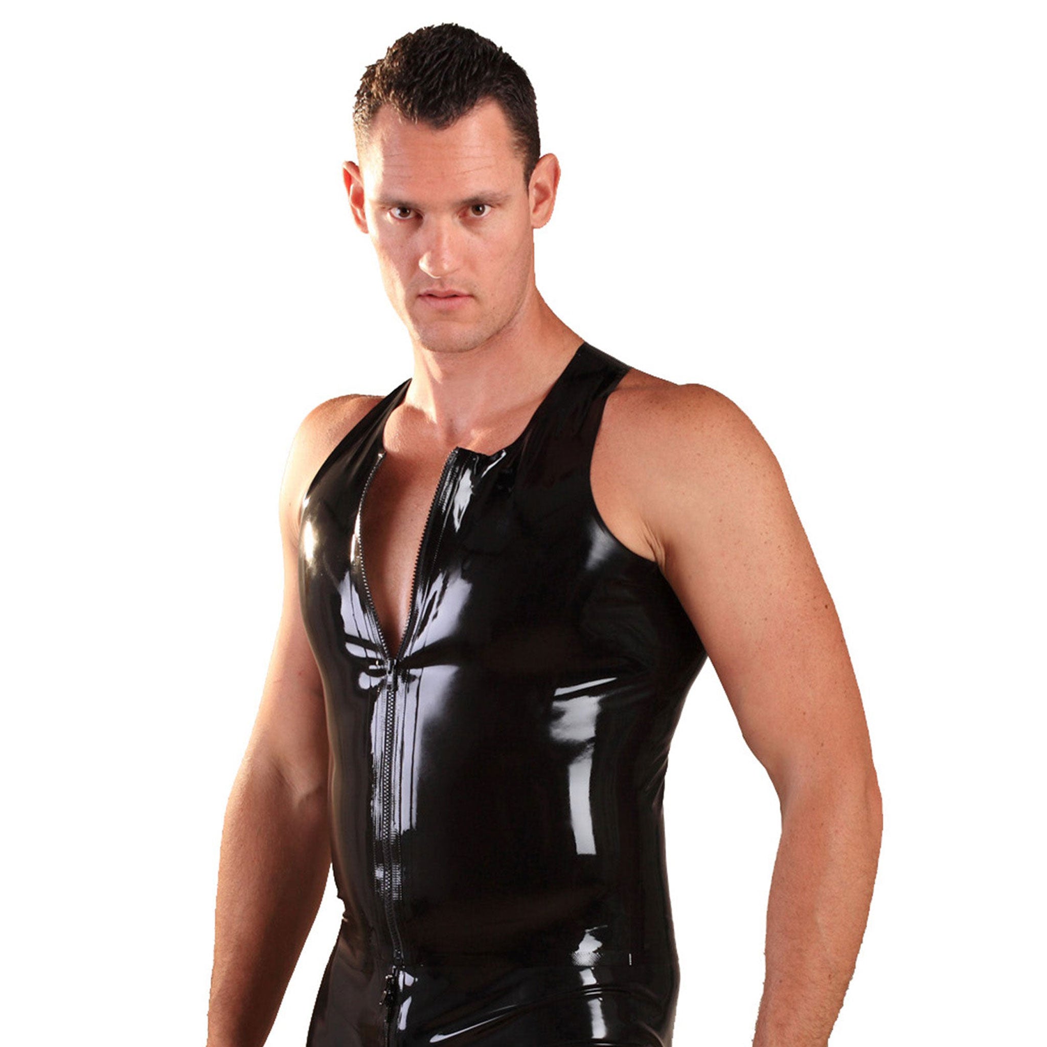 Latex rubber heavy-duty top outerwear vest sleeveless front-zip zipper plastic shiny glossy sports-style freedom constricting gun-show fetish fashion alt-fashion bdsm-fashion bdsm male masculine masc mens menswear guys dudes black