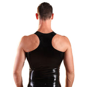 Latex rubber heavy-duty top outerwear vest sleeveless front-zip zipper plastic shiny glossy sports-style freedom constricting gun-show fetish fashion alt-fashion bdsm-fashion bdsm male masculine masc mens menswear guys dudes black