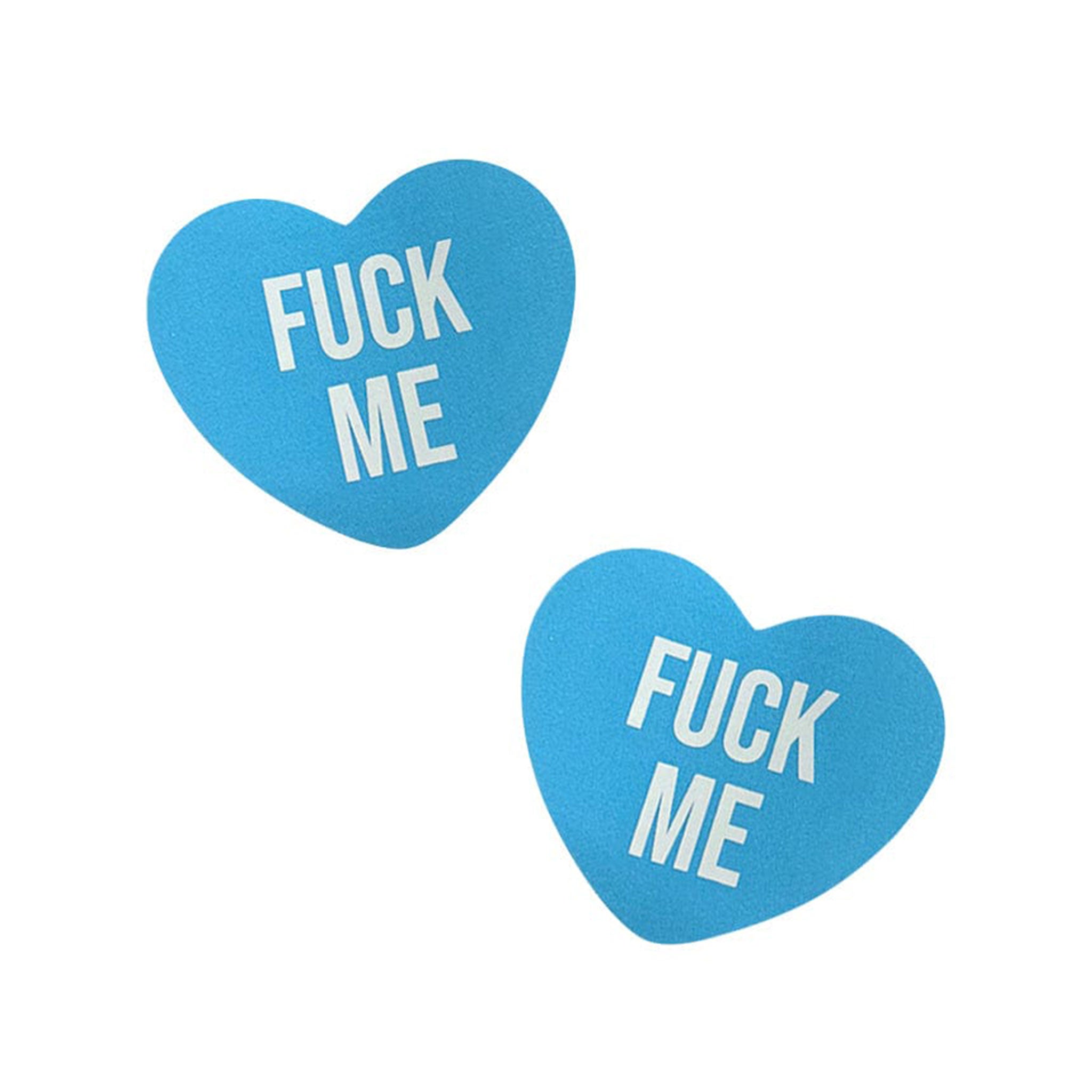 Swimsuit-fabric accessories intimates pasties nipple-pasties nipple-covers breast-petals breast-shields heart heart-shaped candy-heart statement fuck-me medical-grade self-adhesive sweatproof waterproof hypoallergenic latex-free skin-safe uv-glow blacklight-reactive costume cosplay halloween halloween-accessories valentines be-mine gifts female femme feminine womens unisex blue pastel-blue 