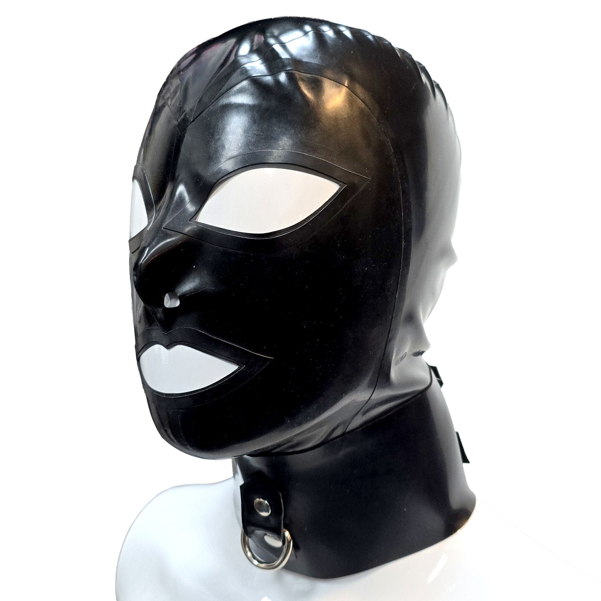 Latex rubber accessories latex-accessories head-gear hood latex-hood mask anatomical full-face collar built-in D-ring horizontal front-mounted zipper back-zip hair-shield adjustable buckle shiny glossy anonymous fetish fashion alt-fashion alternative festival bondage bdsm bdsm-toys bdsm-gear bdsm-hood kink kinky kinkwear kinky-play sub submissive pet-play costume cosplay halloween unisex black