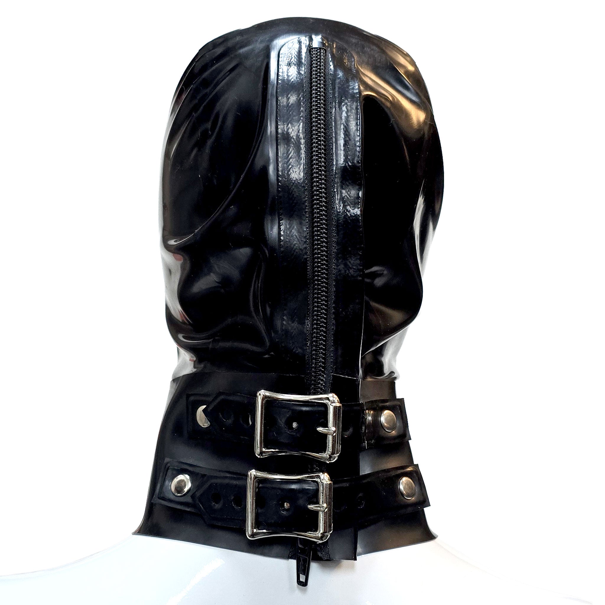 Latex rubber accessories latex-accessories head-gear hood latex-hood mask anatomical full-face collar built-in D-ring horizontal front-mounted zipper back-zip hair-shield adjustable buckle shiny glossy anonymous fetish fashion alt-fashion alternative festival bondage bdsm bdsm-toys bdsm-gear bdsm-hood kink kinky kinkwear kinky-play sub submissive pet-play costume cosplay halloween unisex black
