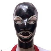 Latex rubber accessories mask hood full-face anatomical contrast-trim hair-shield hair-protector zipper back-zip form-fitting reinforced fetish fashion alt-fashion bondage bdsm bdsm-gear bdsm-toys kink kinky kinky-play costume cosplay halloween unisex black silver