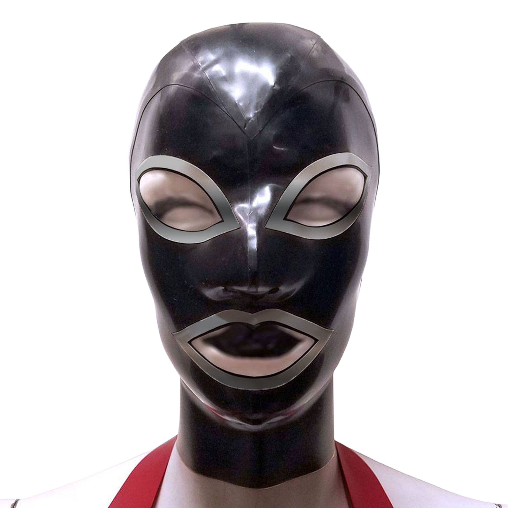 Latex rubber accessories mask hood full-face anatomical contrast-trim hair-shield hair-protector zipper back-zip form-fitting reinforced fetish fashion alt-fashion bondage bdsm bdsm-gear bdsm-toys kink kinky kinky-play costume cosplay halloween unisex black silver