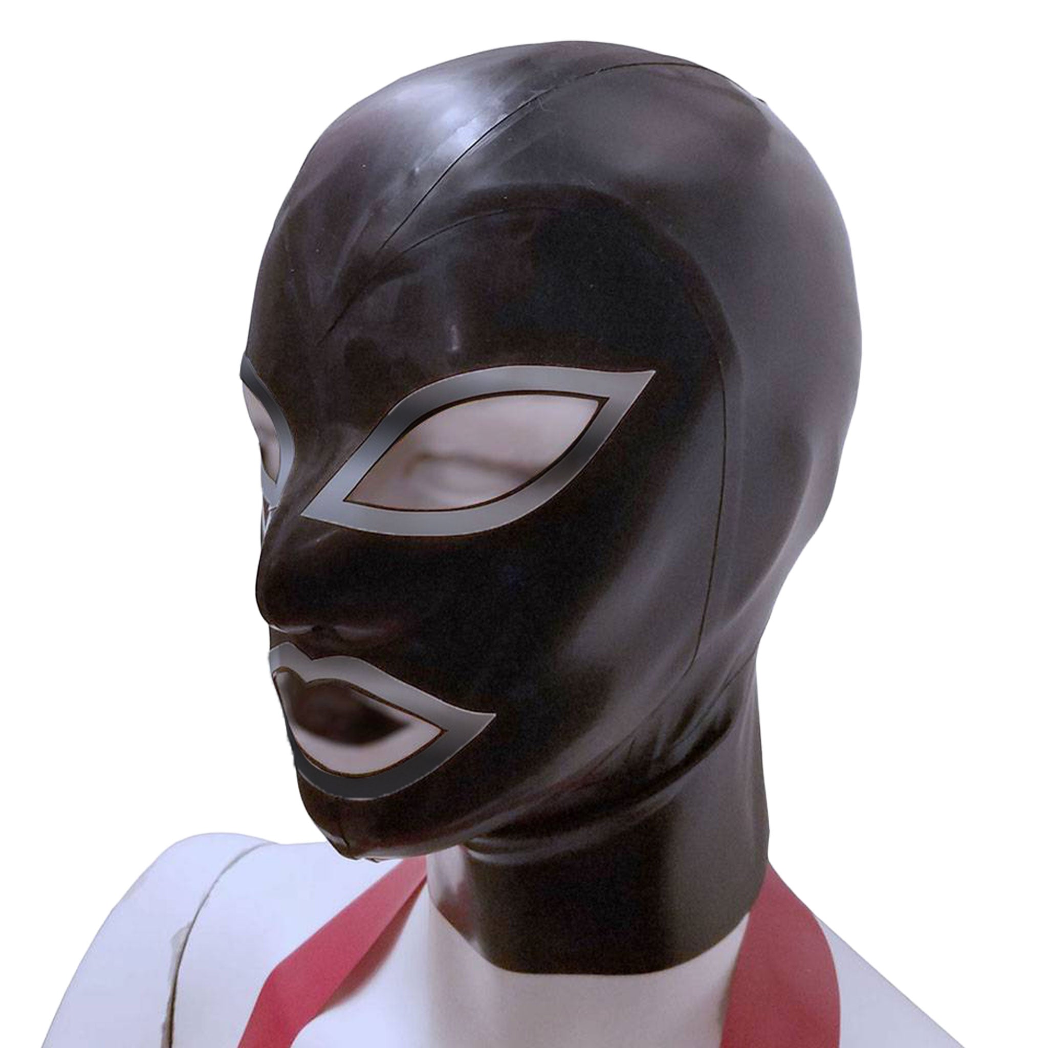 Latex rubber accessories mask hood full-face anatomical contrast-trim hair-shield hair-protector zipper back-zip form-fitting reinforced fetish fashion alt-fashion bondage bdsm bdsm-gear bdsm-toys kink kinky kinky-play costume cosplay halloween unisex black silver