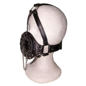 Leather faux-leather studded-leather metallic-chain plastic accessories headgear head-harness funnel corrugated-pipe gag mouth-gag feeder-tip muzzle adjustable buckle locking lockable fetish fashion fetishwear bathroom bedroom dungeon bondage bdsm bdsm-toys bdsm-gear bdsm-fashion kink kinky kinky-play heavy-fetish forced-consumption humiliation adult-toys unisex black