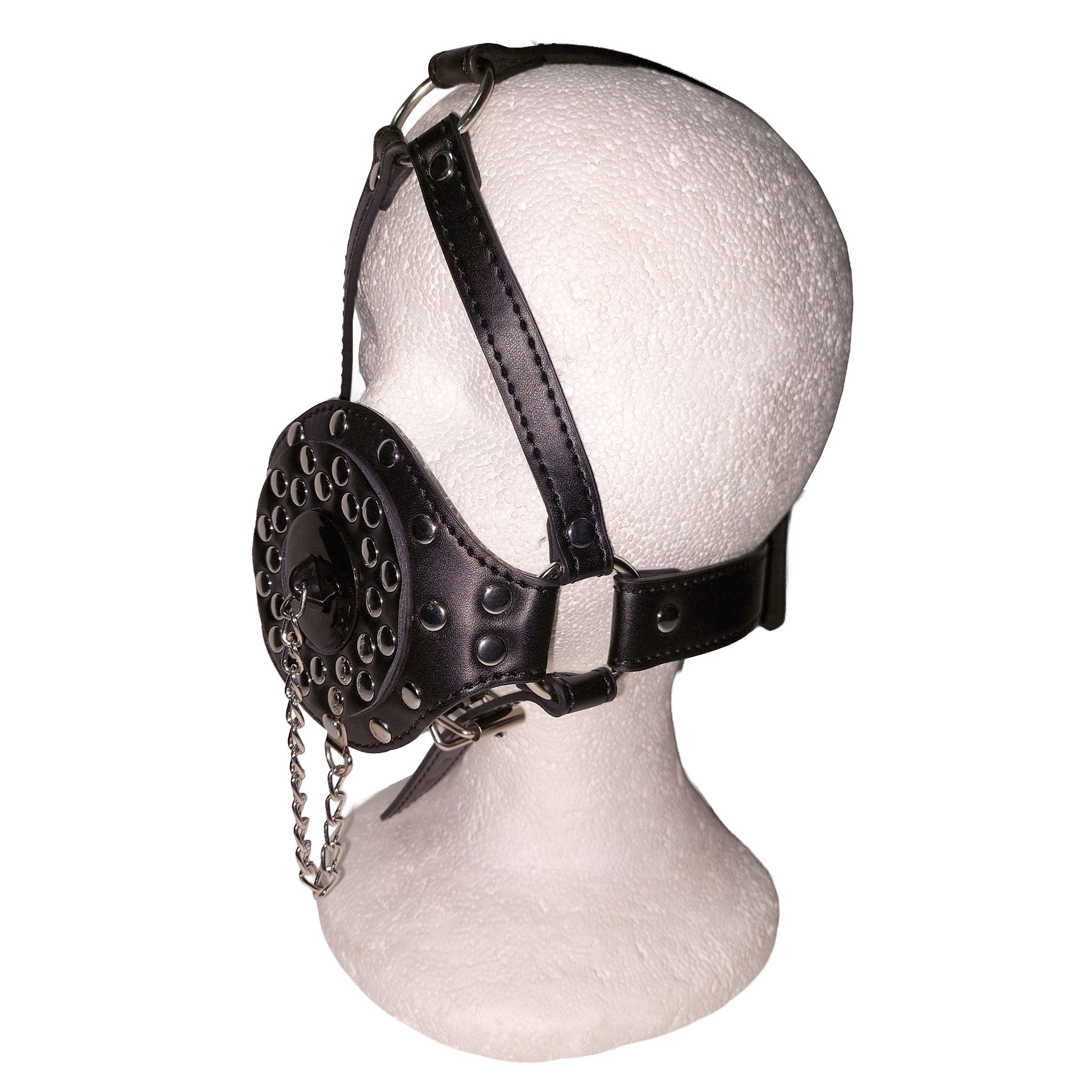 Leather faux-leather studded-leather metallic-chain plastic accessories headgear head-harness funnel corrugated-pipe gag mouth-gag feeder-tip muzzle adjustable buckle locking lockable fetish fashion fetishwear bathroom bedroom dungeon bondage bdsm bdsm-toys bdsm-gear bdsm-fashion kink kinky kinky-play heavy-fetish forced-consumption humiliation adult-toys unisex black