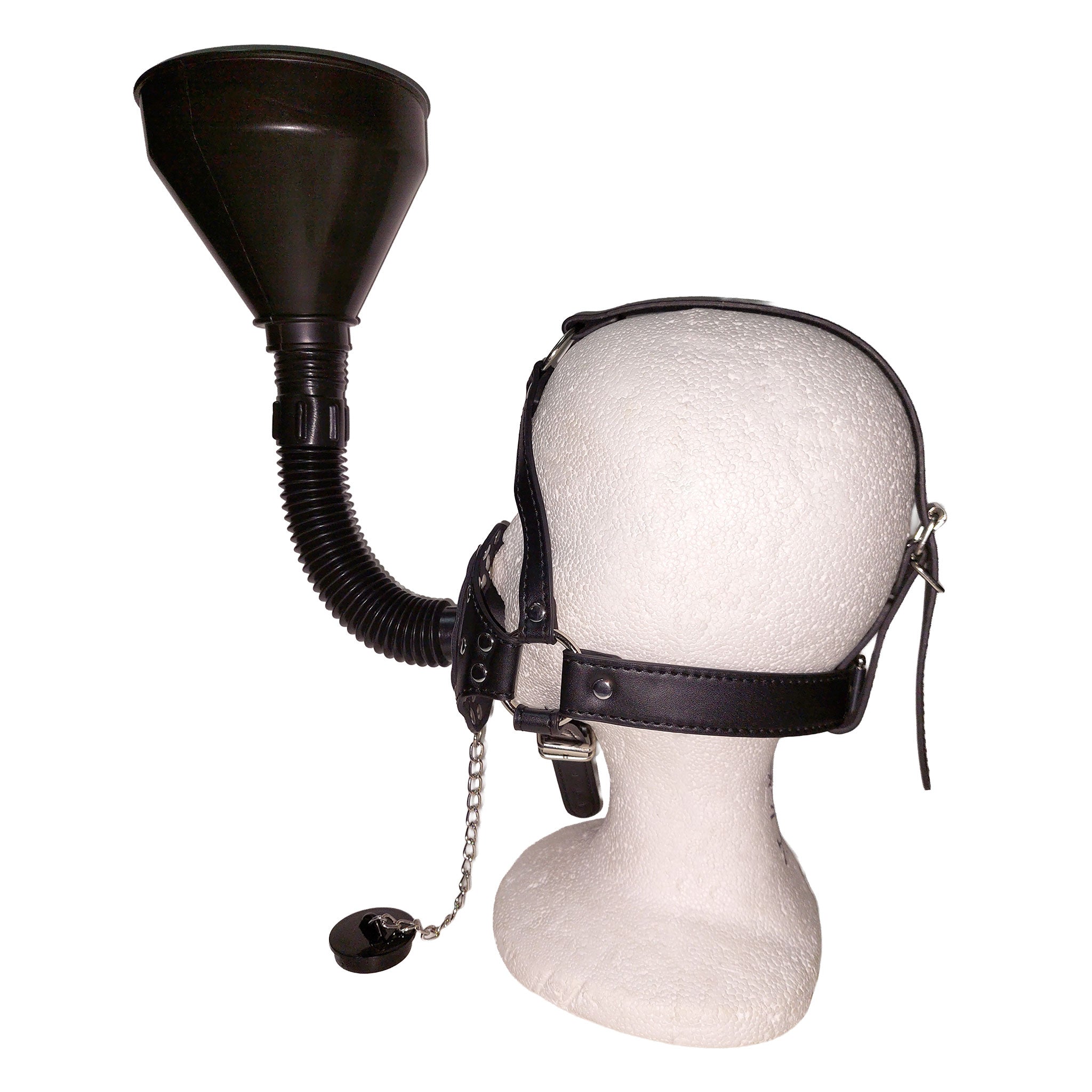Leather faux-leather studded-leather metallic-chain plastic accessories headgear head-harness funnel corrugated-pipe gag mouth-gag feeder-tip muzzle adjustable buckle locking lockable fetish fashion fetishwear bathroom bedroom dungeon bondage bdsm bdsm-toys bdsm-gear bdsm-fashion kink kinky kinky-play heavy-fetish forced-consumption humiliation adult-toys unisex black