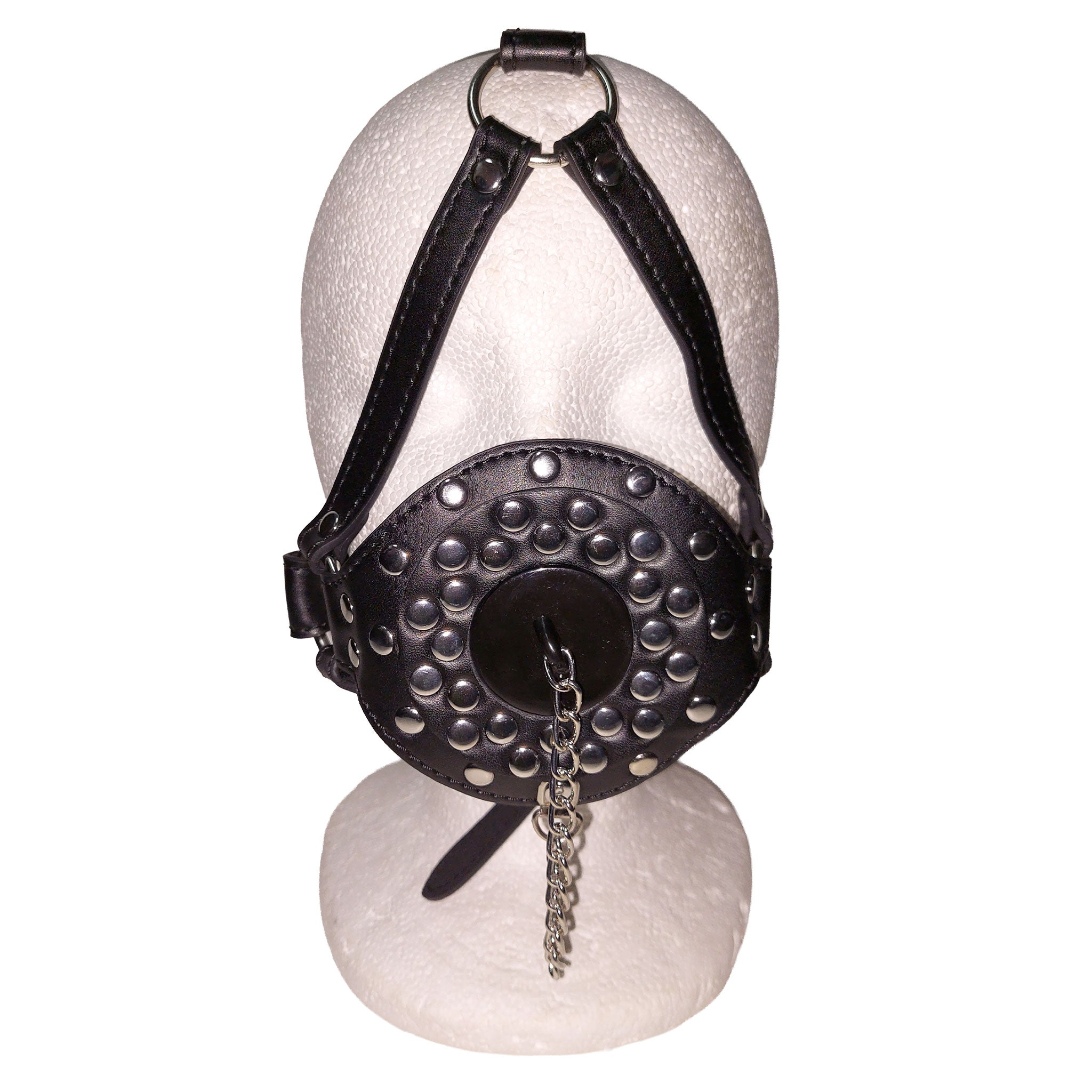 Leather faux-leather studded-leather metallic-chain plastic accessories headgear head-harness funnel corrugated-pipe gag mouth-gag feeder-tip muzzle adjustable buckle locking lockable fetish fashion fetishwear bathroom bedroom dungeon bondage bdsm bdsm-toys bdsm-gear bdsm-fashion kink kinky kinky-play heavy-fetish forced-consumption humiliation adult-toys unisex black