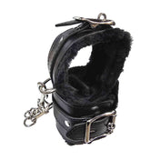 Fur lined locking wrist cuffs with chain, soft faux leather wrist restraints, comfortable BDSM bondage cuffs, animal-friendly fetish restraint, adult kink accessories