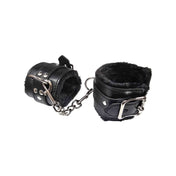 Fur lined locking wrist cuffs with chain, soft faux leather wrist restraints, comfortable BDSM bondage cuffs, animal-friendly fetish restraint, adult kink accessories