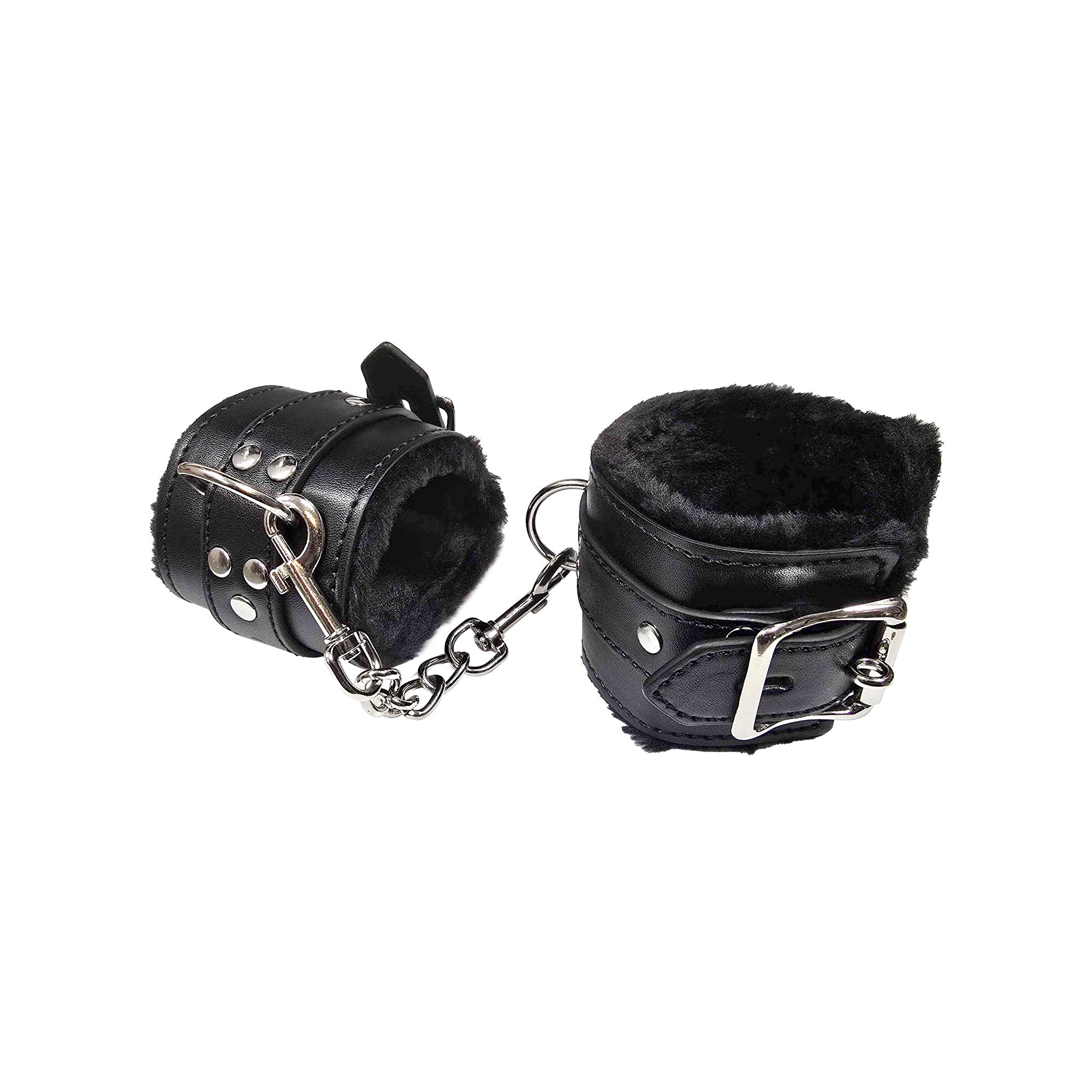 Leather faux-leather bridle-leather vegan-leather fur fur-lined synthetic-fur metallic-chain restraints wrist wrist-restraints cuffs wristcuffs wrist-cuffs locking lockable adjustable buckle D-ring spring-clasp lightweight economy-line fetish fashion alt-fashion bondage bdsm bdsm-toys kink kinky kinky-play adult-toys unisex black