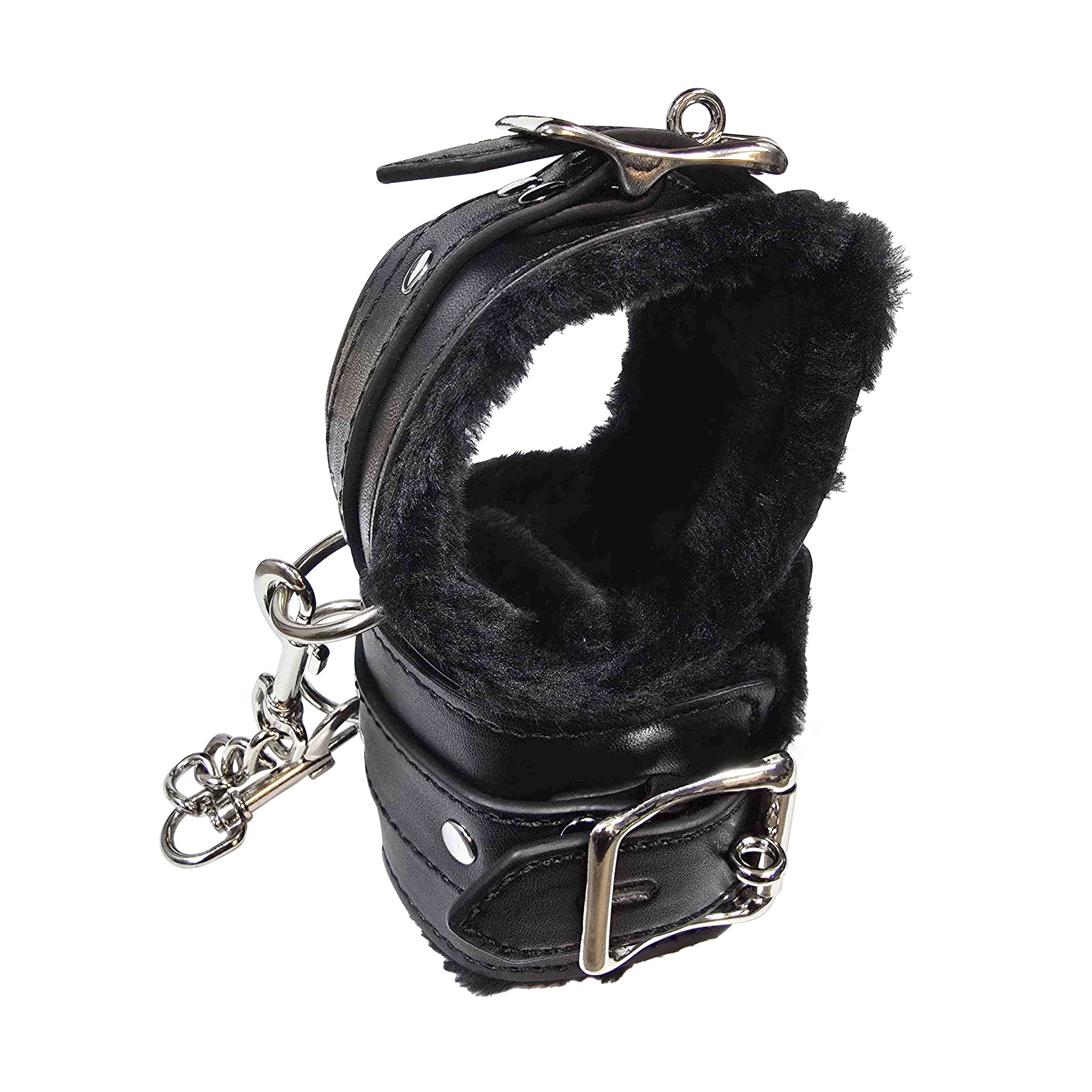 Leather faux-leather bridle-leather vegan-leather fur fur-lined synthetic-fur metallic-chain restraints wrist wrist-restraints cuffs wristcuffs wrist-cuffs locking lockable adjustable buckle D-ring spring-clasp lightweight economy-line fetish fashion alt-fashion bondage bdsm bdsm-toys kink kinky kinky-play adult-toys unisex black