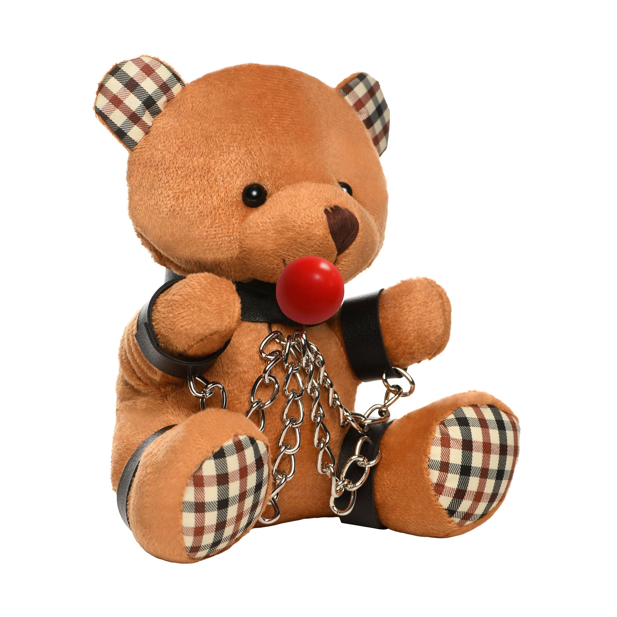 Polyester PU-leather faux-leather vegan-leather plastic metallic-chain accessories plush-toys stuffed-animals teddy-bear mouth-gag ball-gag gagged collared cuffs wrist-cuff ankle-cuff nickel-free playful cuddly soft fetish fashion alt-fashion alternative bedroom dungeon bondage bdsm bdsm-toys kink kinky kinky-toys restraints lifestyle gift decor aftercare costume cosplay halloween unisex brown burnt-orange