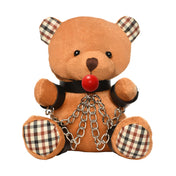 Polyester PU-leather faux-leather vegan-leather plastic metallic-chain accessories plush-toys stuffed-animals teddy-bear mouth-gag ball-gag gagged collared cuffs wrist-cuff ankle-cuff nickel-free playful cuddly soft fetish fashion alt-fashion alternative bedroom dungeon bondage bdsm bdsm-toys kink kinky kinky-toys restraints lifestyle gift decor aftercare costume cosplay halloween unisex brown burnt-orange