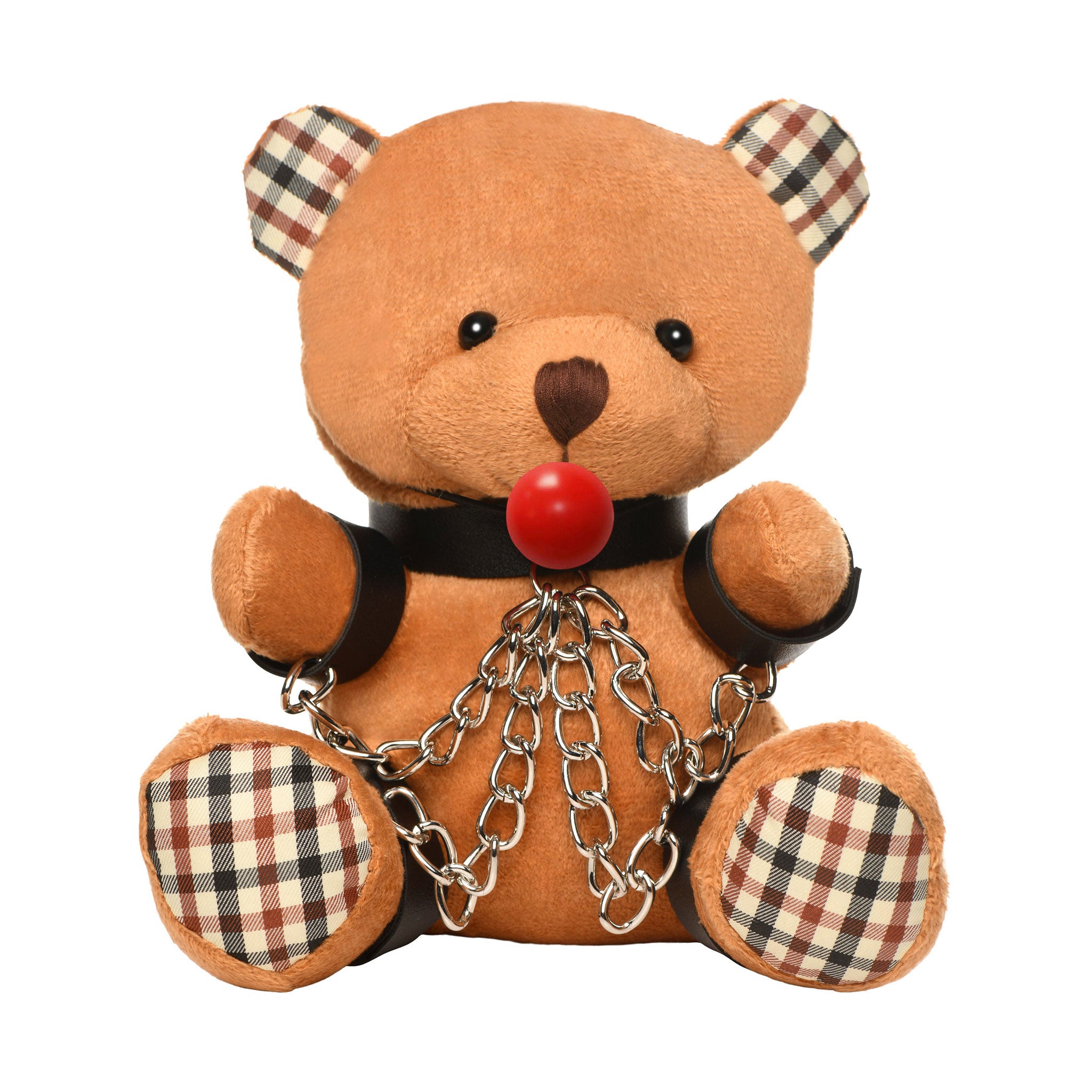 Polyester PU-leather faux-leather vegan-leather plastic metallic-chain accessories plush-toys stuffed-animals teddy-bear mouth-gag ball-gag gagged collared cuffs wrist-cuff ankle-cuff nickel-free playful cuddly soft fetish fashion alt-fashion alternative bedroom dungeon bondage bdsm bdsm-toys kink kinky kinky-toys restraints lifestyle gift decor aftercare costume cosplay halloween unisex brown burnt-orange