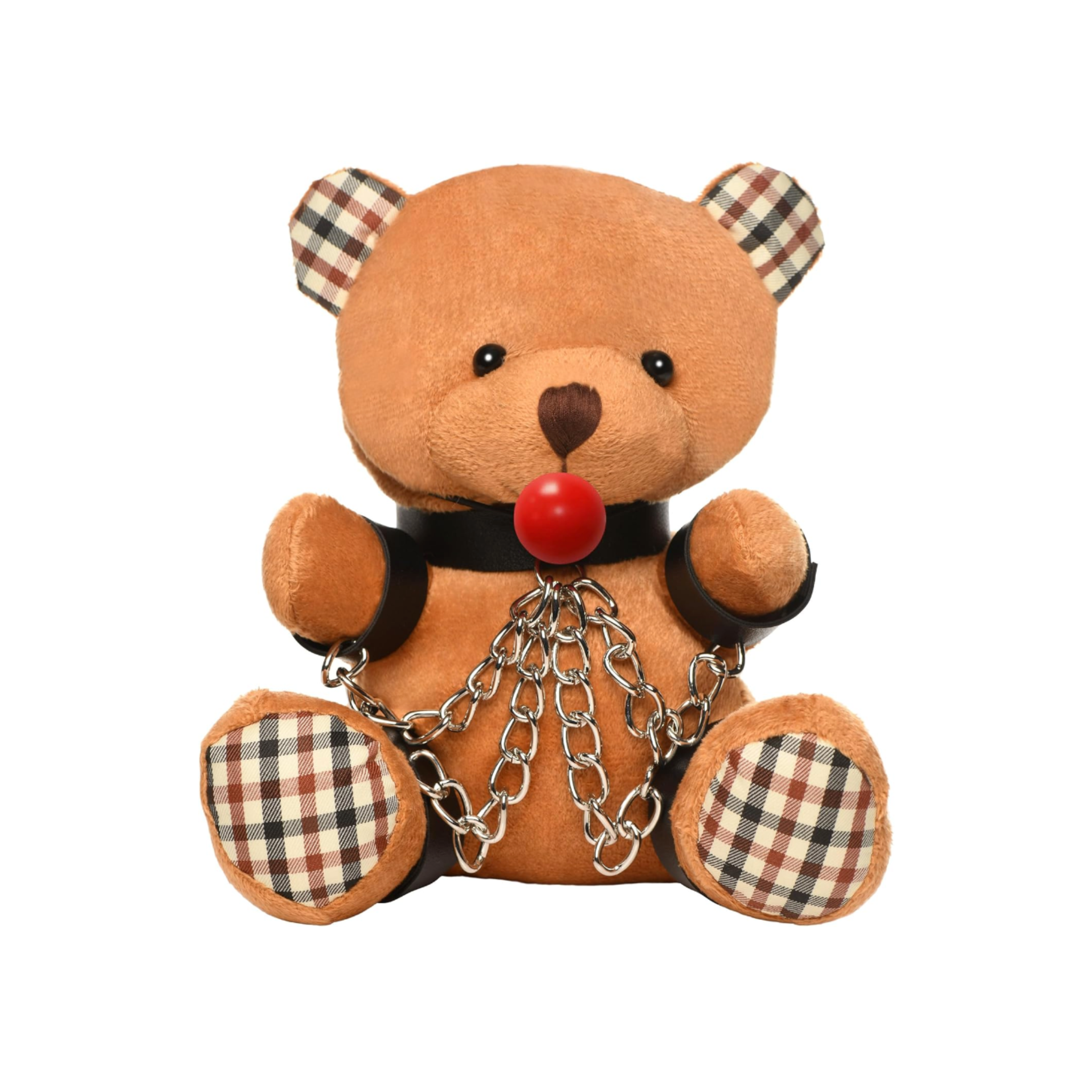 Gagged Plush Teddy Bear in brown with collar, cuffs, and chains for playful decor or aftercare.