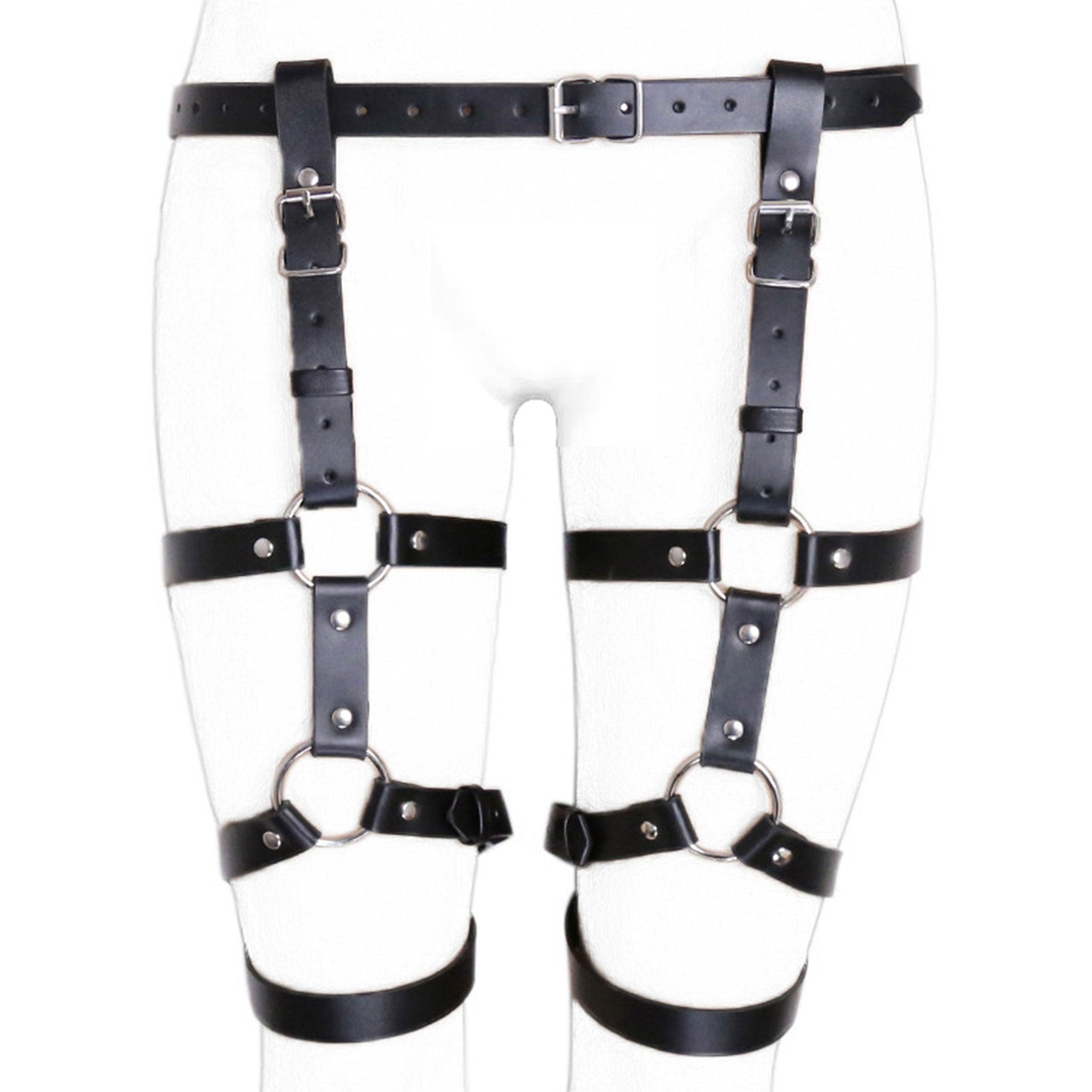 Leather vegan-leather PVC accessories harness leg-harness lingerie garter-belt leg-garter adjustable buckle fetish fashion alt-fashion punk goth gothic bondage bdsm bdsm-fashion bdsm-toys kink kinky kinkwear costume cosplay halloween unisex black