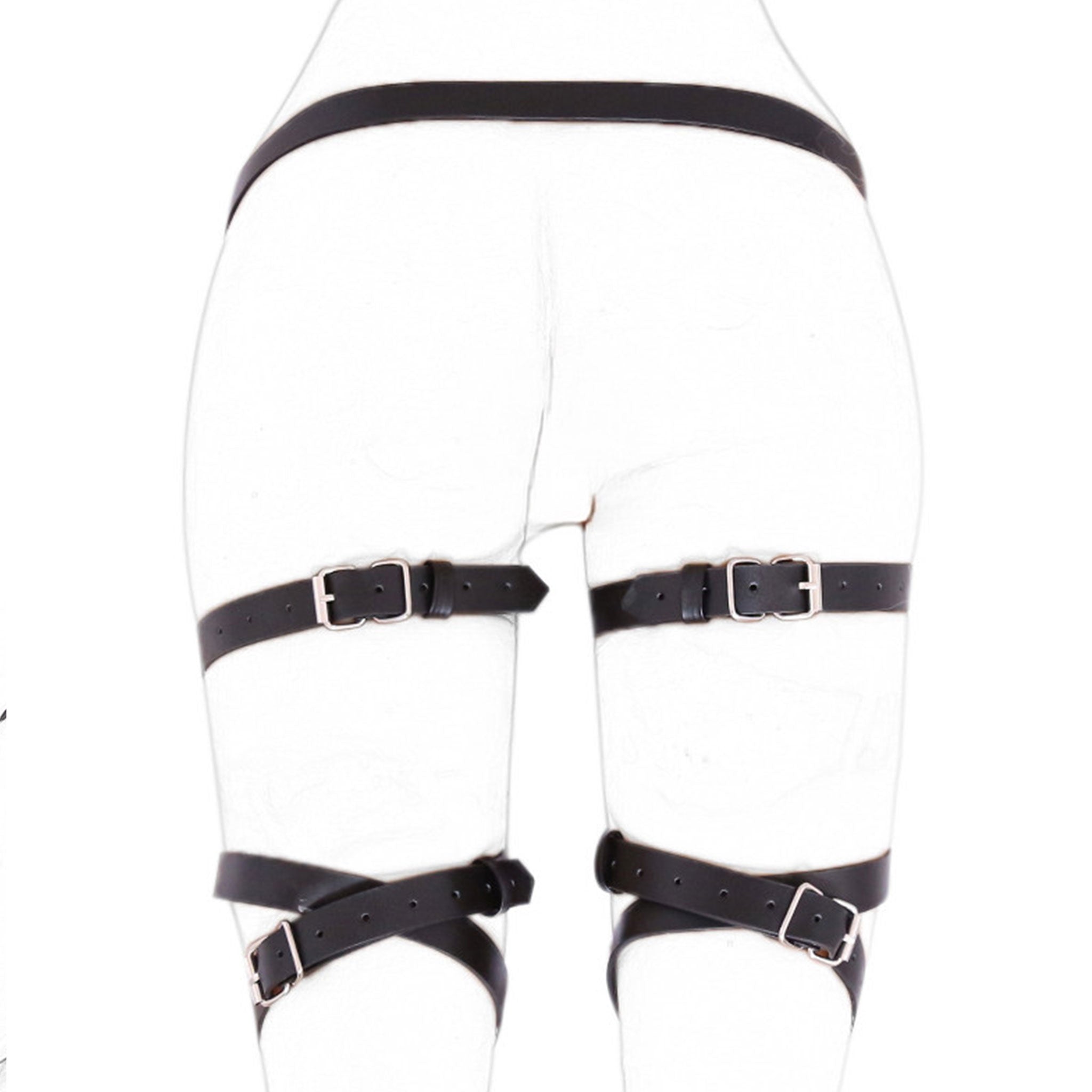 Leather vegan-leather PVC accessories harness leg-harness lingerie garter-belt leg-garter adjustable buckle fetish fashion alt-fashion punk goth gothic bondage bdsm bdsm-fashion bdsm-toys kink kinky kinkwear costume cosplay halloween unisex black