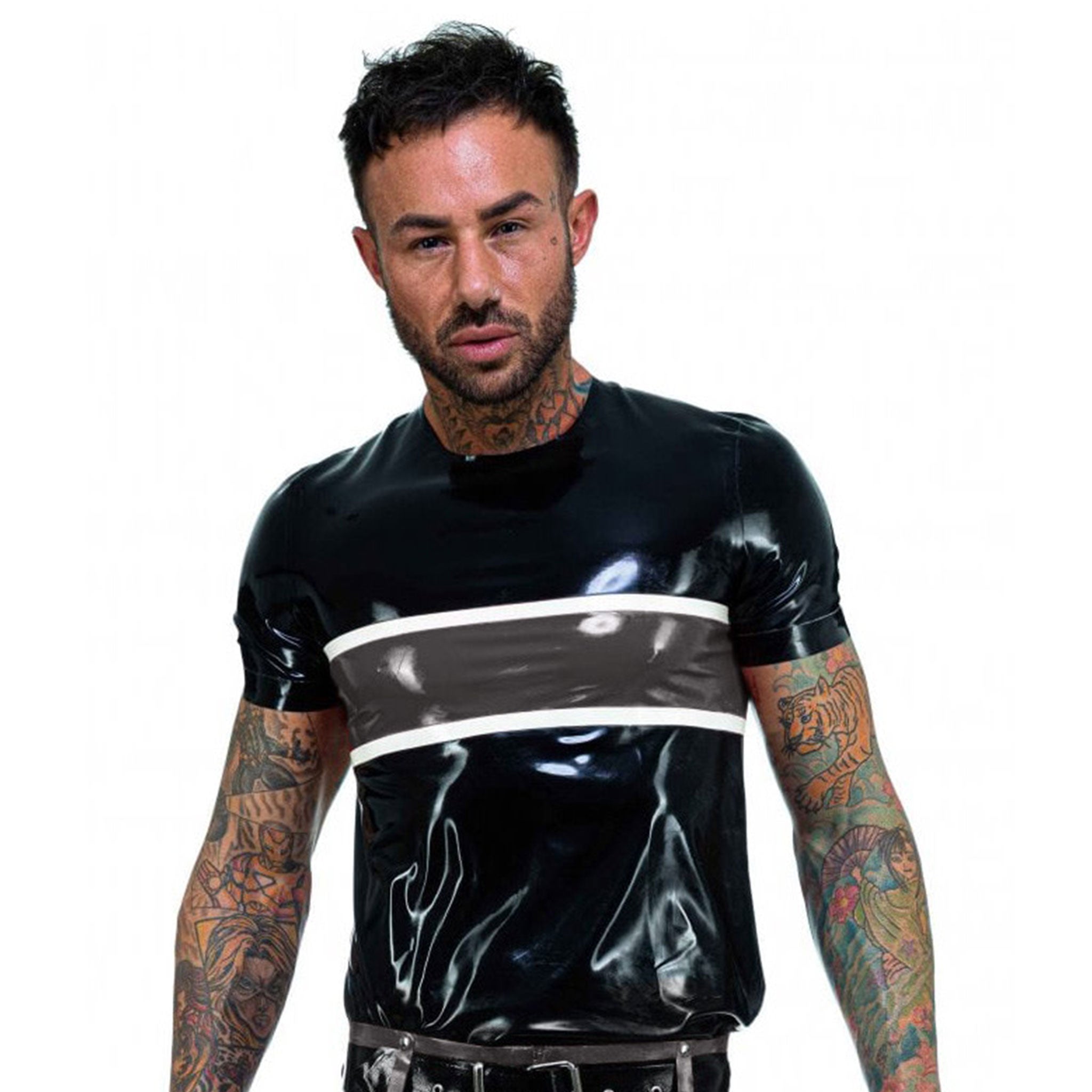 Latex rubber top shirt t-shirt tshirt shortsleeve short-sleeve sleeves sleeved pullon pull-on horizontal-panel horizontal-bar horizontal-stripes comfortable gasoline classic fetish fashion alt-fashion club clubwear male masculine masc mens menswear guys dudes black silver gray