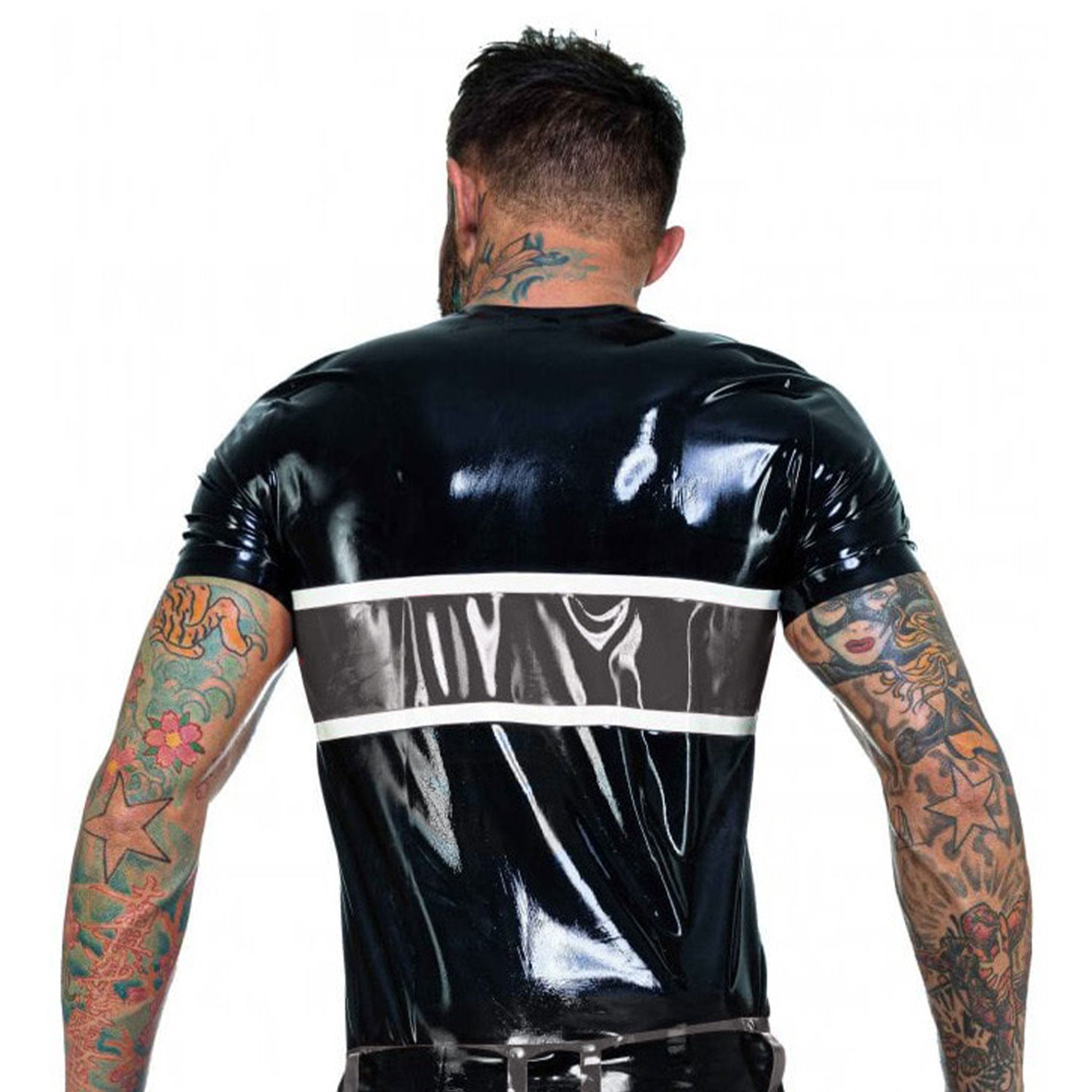 Latex rubber top shirt t-shirt tshirt shortsleeve short-sleeve sleeves sleeved pullon pull-on horizontal-panel horizontal-bar horizontal-stripes comfortable gasoline classic fetish fashion alt-fashion club clubwear male masculine masc mens menswear guys dudes black silver gray