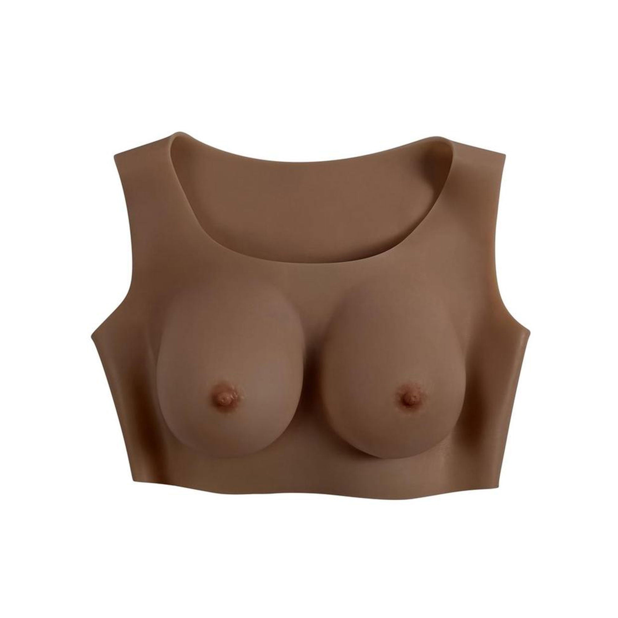Silicone breastplate breast-plate breast-enhancements vest wearable lifelike realistic breasts tits titties boobs boobies fake simulated nipples yielding soft comfortable confidence drag dragqueen drag-queen gender-affirming transgender trans cross-dressing gender non-conforming gender-nonconforming gender-play nipple-play gender-x genderx kink kinky kinky-play bdsm C-cup mocha