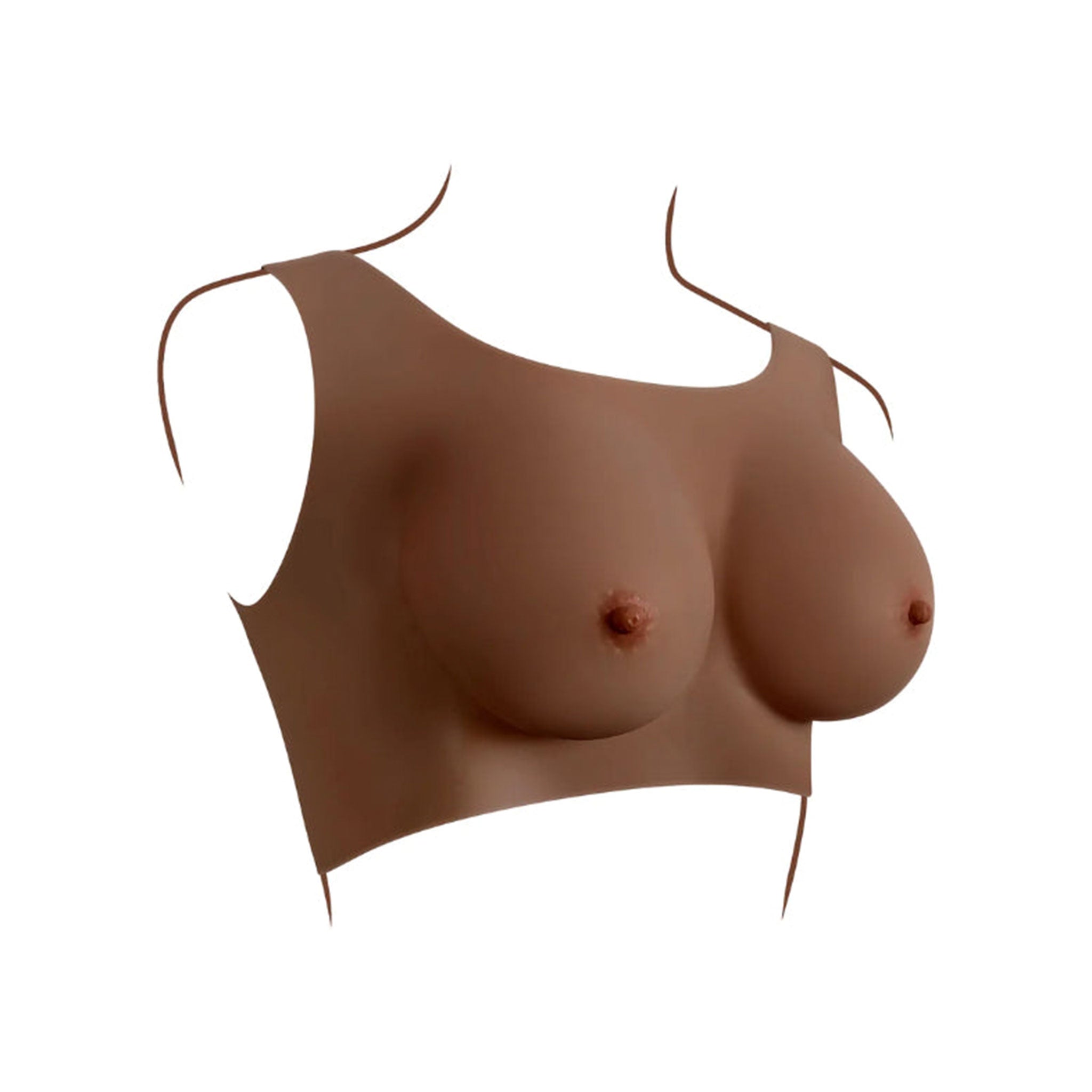 Silicone breastplate breast-plate breast-enhancements vest wearable lifelike realistic breasts tits titties boobs boobies fake simulated nipples yielding soft comfortable confidence drag dragqueen drag-queen gender-affirming transgender trans cross-dressing gender non-conforming gender-nonconforming gender-play nipple-play gender-x genderx kink kinky kinky-play bdsm C-cup mocha