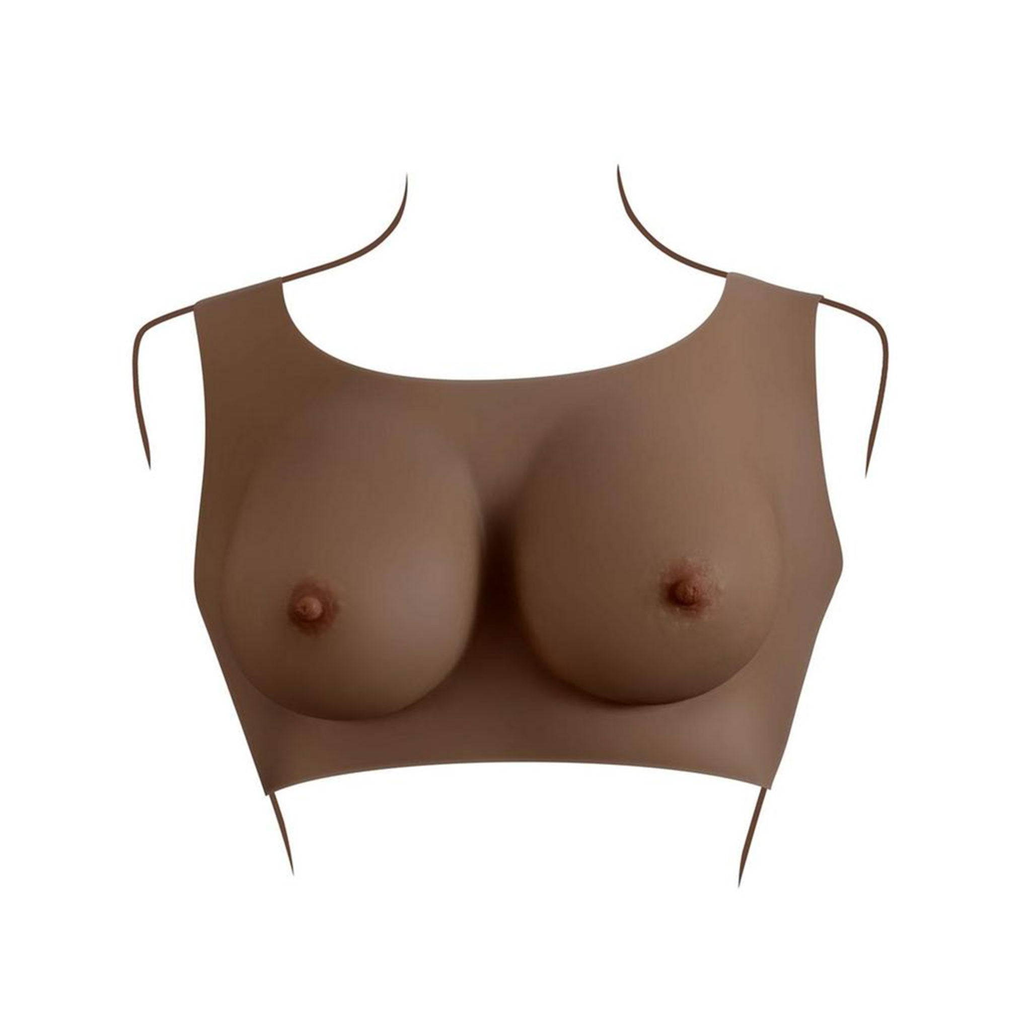 Silicone breastplate breast-plate breast-enhancements vest wearable lifelike realistic breasts tits titties boobs boobies fake simulated nipples yielding soft comfortable confidence drag dragqueen drag-queen gender-affirming transgender trans cross-dressing gender non-conforming gender-nonconforming gender-play nipple-play gender-x genderx kink kinky kinky-play bdsm C-cup mocha