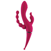 Silicone ABS-plastic accessories vibrator vibrating vibration vibe clit clitoral clitoris stim stimulator stimulation stimulating 4-way rabbit rabbit-ears buzzing-ears g-spot p-spot quadruple bulbous-tip textured-tip curved-shaft shaft-stimulator beaded chunky-head USB-rechargeable flexible kink kinky kinky-play kinky-toys couples-play female femme feminine womens adult-toys red