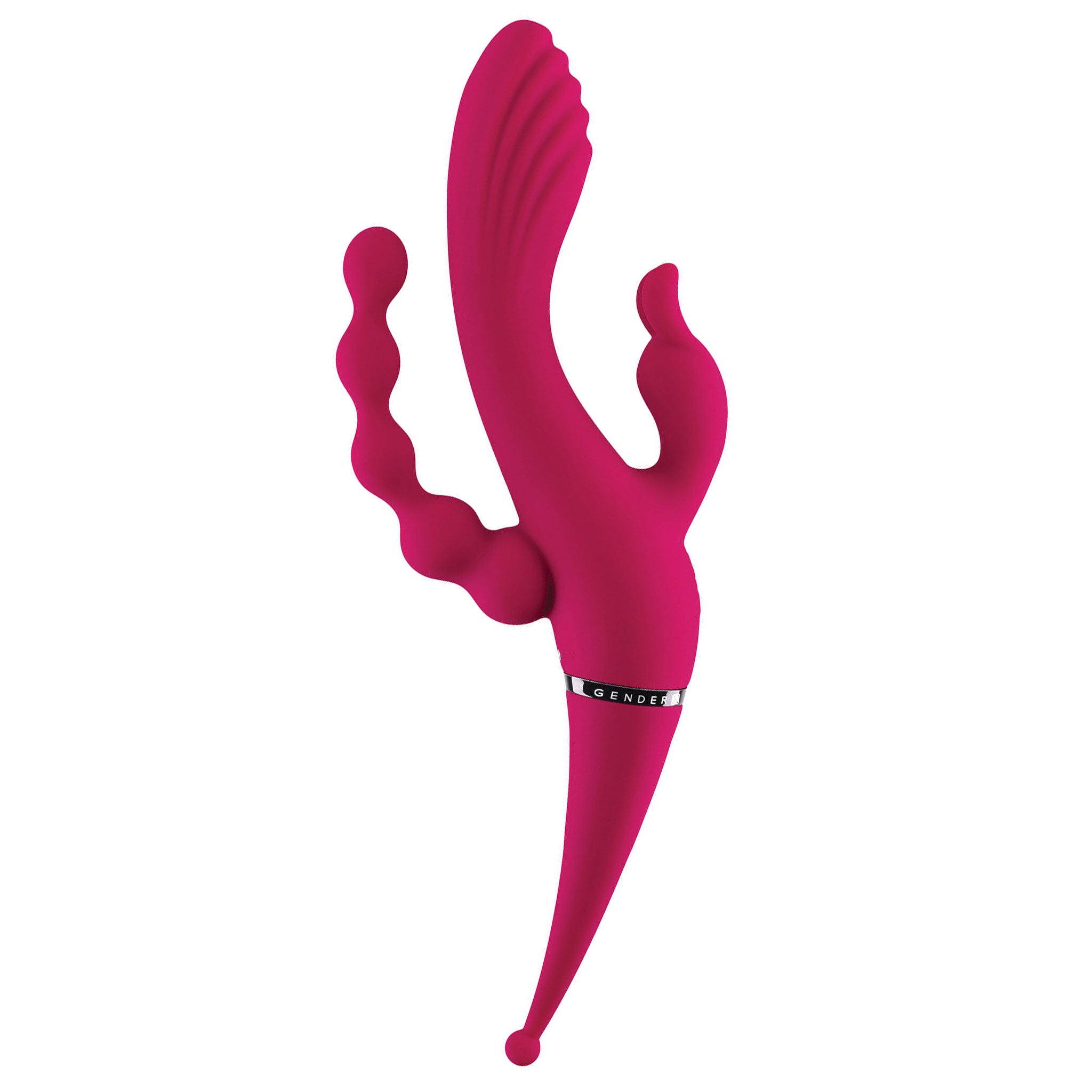 Silicone ABS-plastic accessories vibrator vibrating vibration vibe clit clitoral clitoris stim stimulator stimulation stimulating 4-way rabbit rabbit-ears buzzing-ears g-spot p-spot quadruple bulbous-tip textured-tip curved-shaft shaft-stimulator beaded chunky-head USB-rechargeable flexible kink kinky kinky-play kinky-toys couples-play female femme feminine womens adult-toys red