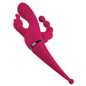 Silicone ABS-plastic accessories vibrator vibrating vibration vibe clit clitoral clitoris stim stimulator stimulation stimulating 4-way rabbit rabbit-ears buzzing-ears g-spot p-spot quadruple bulbous-tip textured-tip curved-shaft shaft-stimulator beaded chunky-head USB-rechargeable flexible kink kinky kinky-play kinky-toys couples-play female femme feminine womens adult-toys red