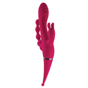 Silicone ABS-plastic accessories vibrator vibrating vibration vibe clit clitoral clitoris stim stimulator stimulation stimulating 4-way rabbit rabbit-ears buzzing-ears g-spot p-spot quadruple bulbous-tip textured-tip curved-shaft shaft-stimulator beaded chunky-head USB-rechargeable flexible kink kinky kinky-play kinky-toys couples-play female femme feminine womens adult-toys red