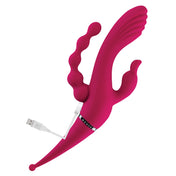 Silicone ABS-plastic accessories vibrator vibrating vibration vibe clit clitoral clitoris stim stimulator stimulation stimulating 4-way rabbit rabbit-ears buzzing-ears g-spot p-spot quadruple bulbous-tip textured-tip curved-shaft shaft-stimulator beaded chunky-head USB-rechargeable flexible kink kinky kinky-play kinky-toys couples-play female femme feminine womens adult-toys red