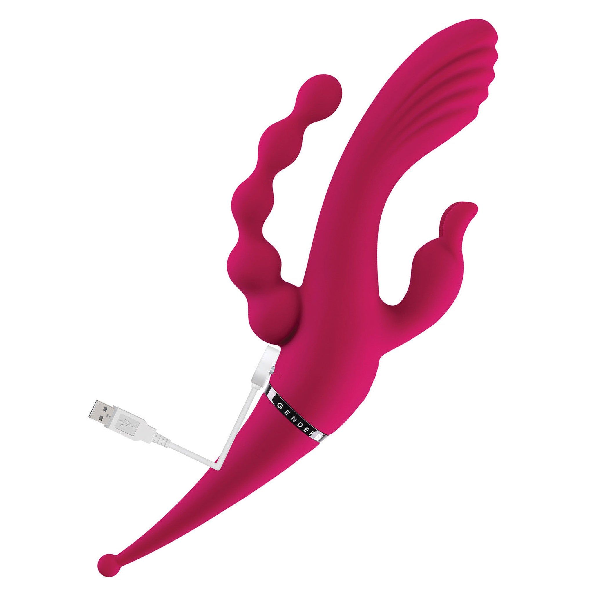 Silicone ABS-plastic accessories vibrator vibrating vibration vibe clit clitoral clitoris stim stimulator stimulation stimulating 4-way rabbit rabbit-ears buzzing-ears g-spot p-spot quadruple bulbous-tip textured-tip curved-shaft shaft-stimulator beaded chunky-head USB-rechargeable flexible kink kinky kinky-play kinky-toys couples-play female femme feminine womens adult-toys red