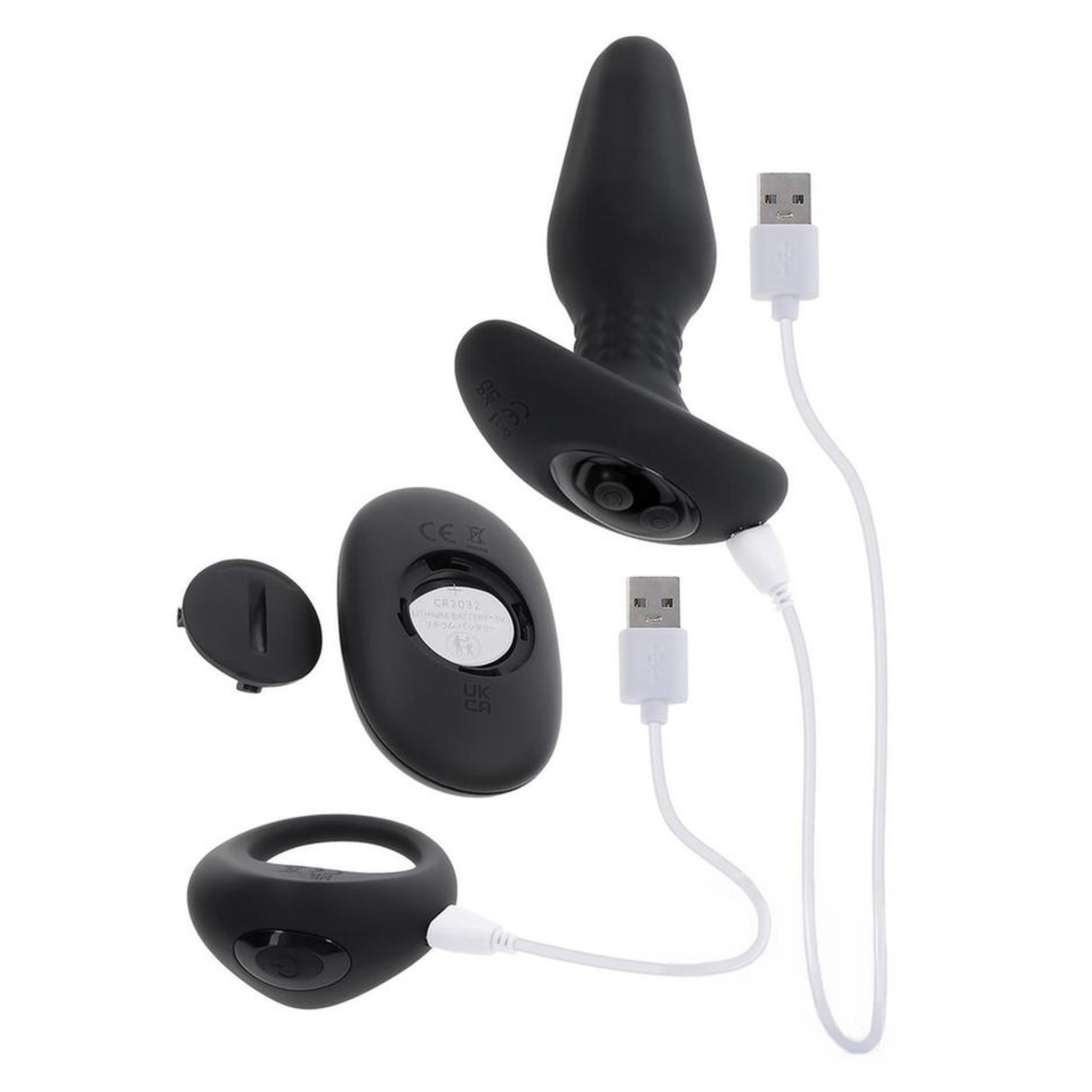  Butt Plug & Cock Ring Set,  Rotating Beads on Anal Plug with Vibrating Cock Ring 
