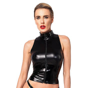 PVC vinyl wetlook apparel top sleeveless high-collar neck-holder zipper front-zip full-zip shiny glossy high-gloss sexy sleek alluring smooth sensual sophisticated versatile daring edgy elastic fetish fashion alt-fashion alternative rock biker punk goth gothic cyber glam futuristic date clubbing clubwear kink kinky kinkwear costume cosplay halloween noir-collection female femme feminine womens black
