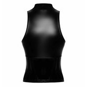 PVC vinyl wetlook apparel top sleeveless high-collar neck-holder zipper front-zip full-zip shiny glossy high-gloss sexy sleek alluring smooth sensual sophisticated versatile daring edgy elastic fetish fashion alt-fashion alternative rock biker punk goth gothic cyber glam futuristic date clubbing clubwear kink kinky kinkwear costume cosplay halloween noir-collection female femme feminine womens black
