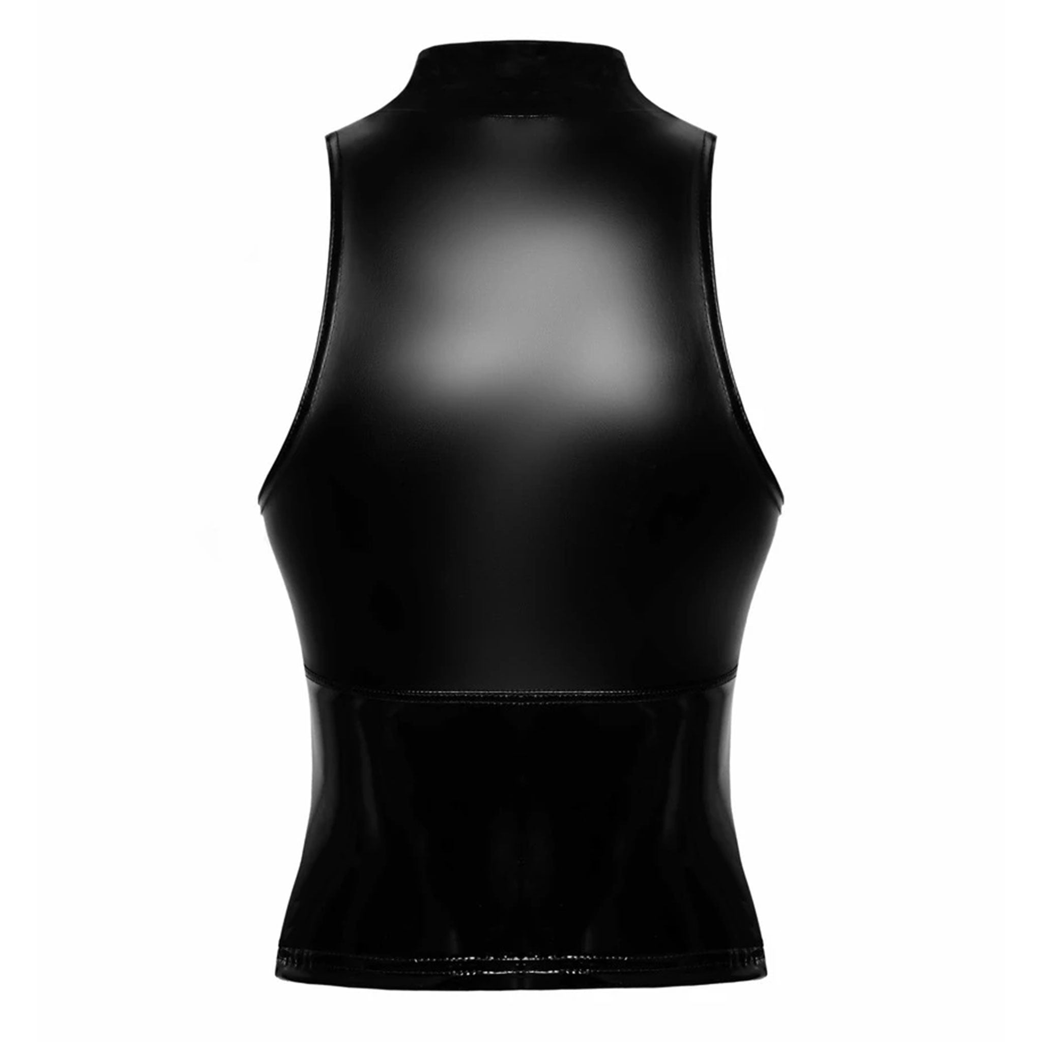PVC vinyl wetlook apparel top sleeveless high-collar neck-holder zipper front-zip full-zip shiny glossy high-gloss sexy sleek alluring smooth sensual sophisticated versatile daring edgy elastic fetish fashion alt-fashion alternative rock biker punk goth gothic cyber glam futuristic date clubbing clubwear kink kinky kinkwear costume cosplay halloween noir-collection female femme feminine womens black