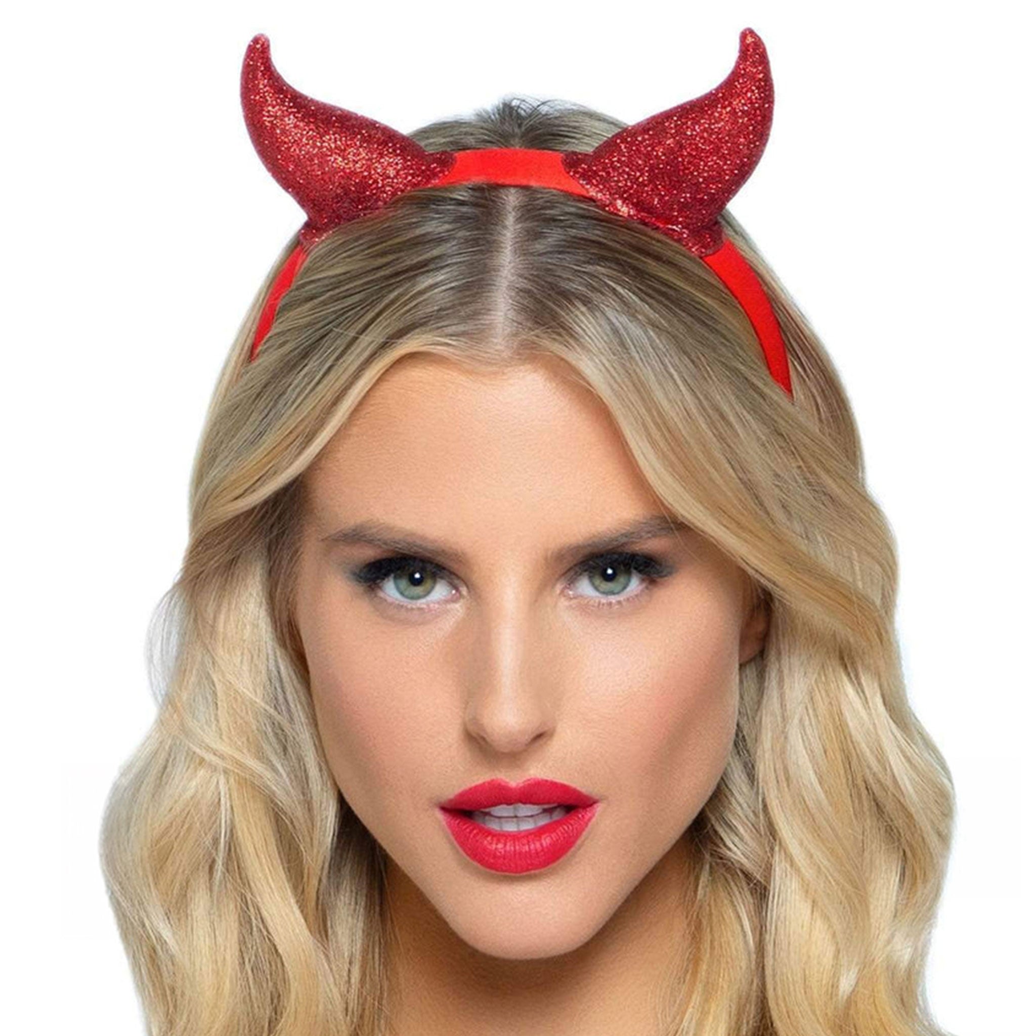 Latex rubber plastic glitter accessories headgear headband hairband horns devil-horns mini-horns sparkling sacrilege wicked fashion alt-fashion alternative party costume cosplay halloween halloween-accessories halloween-couture devil demon succubus female femme feminine women unisex red