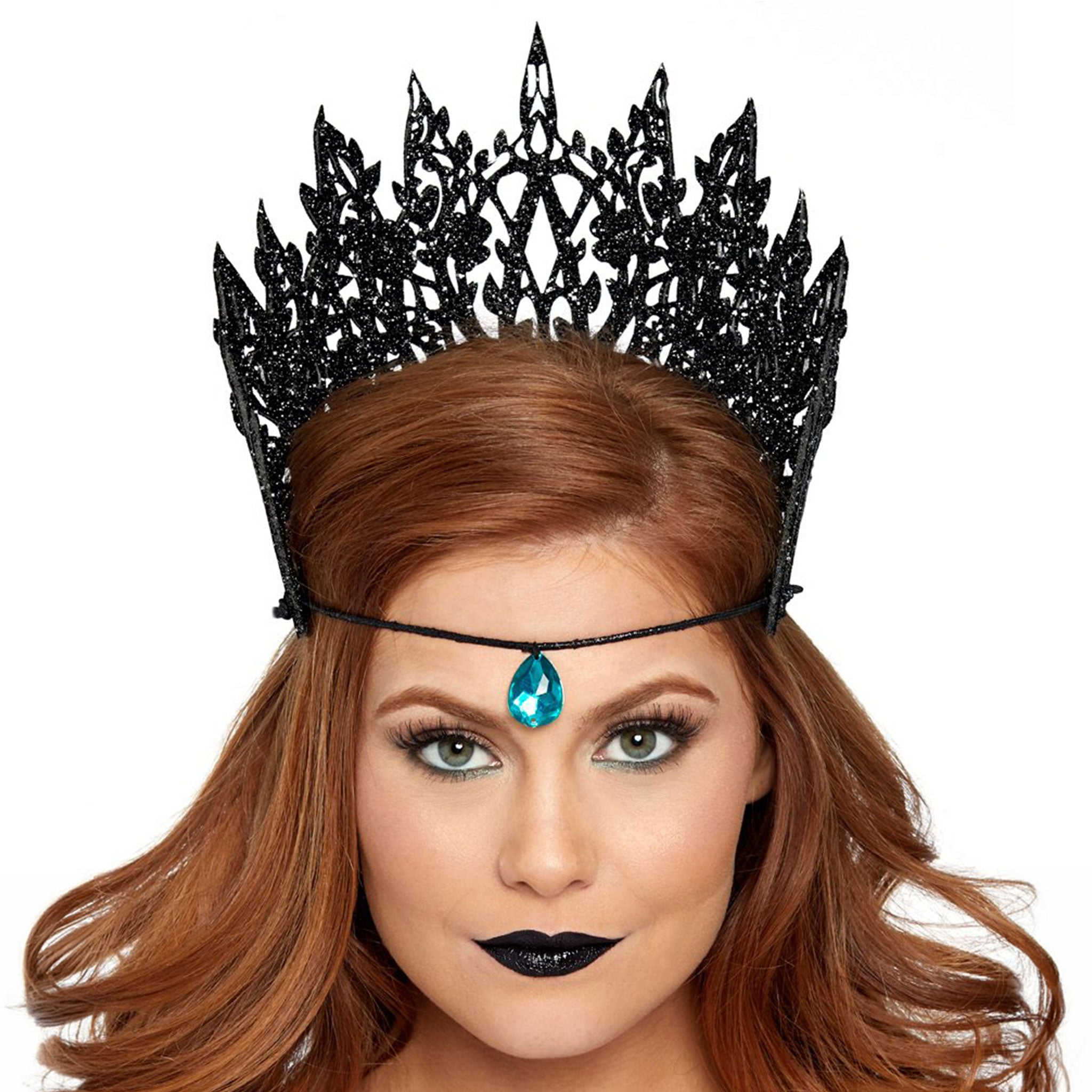 Polyester polyester-foam glitter acrylic crystal accessories headgear crown diecut die-cut tie-on jewel-accent lightweight reversible fashion alt-fashion alternative goth gothic festival festivalwear masquerade costume cosplay halloween halloween-accessories halloween-couture costume-accessories royalty nobility fantasy medieval fairytale female femme feminine womens black