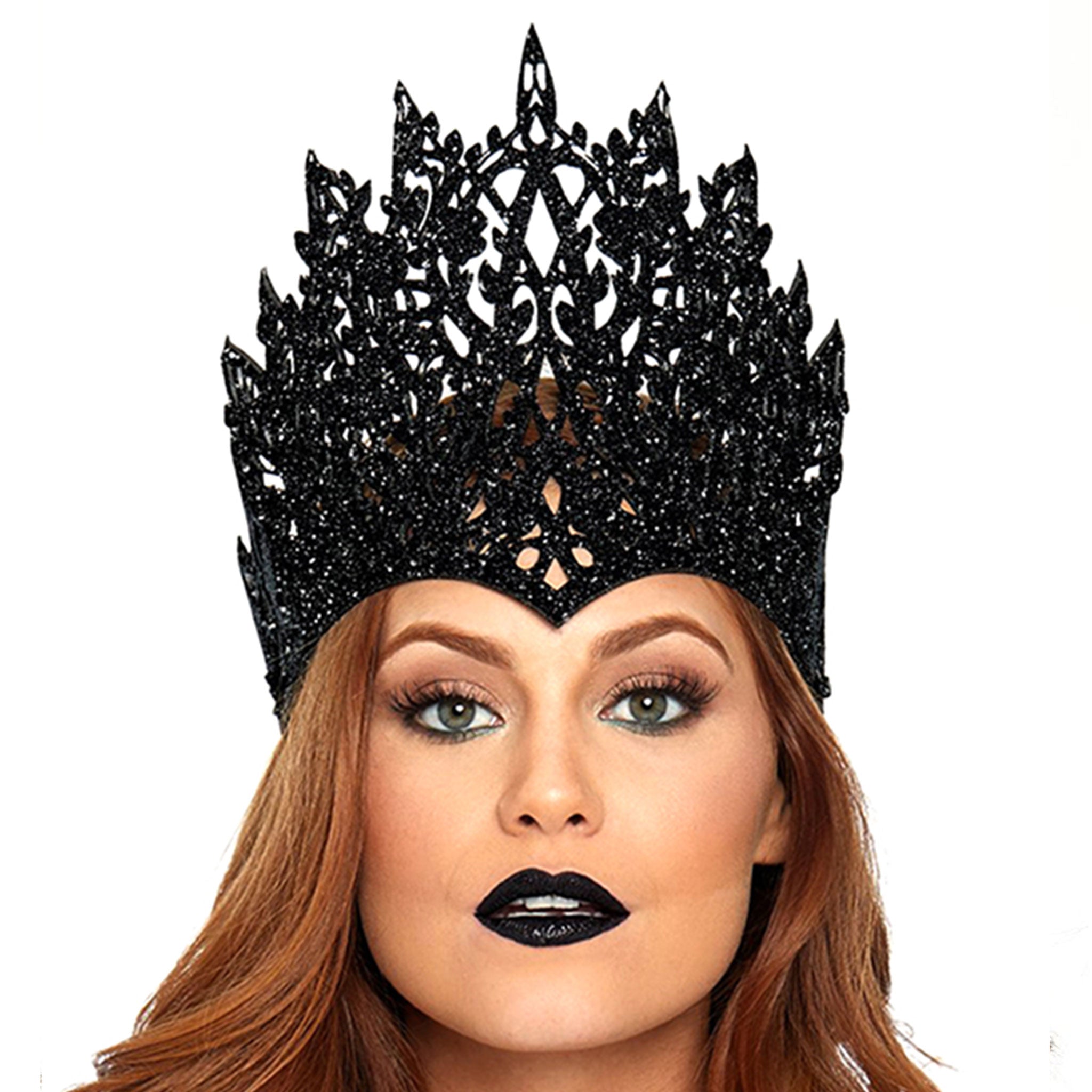 Polyester polyester-foam glitter acrylic crystal accessories headgear crown diecut die-cut tie-on jewel-accent lightweight reversible fashion alt-fashion alternative goth gothic festival festivalwear masquerade costume cosplay halloween halloween-accessories halloween-couture costume-accessories royalty nobility fantasy medieval fairytale female femme feminine womens black
