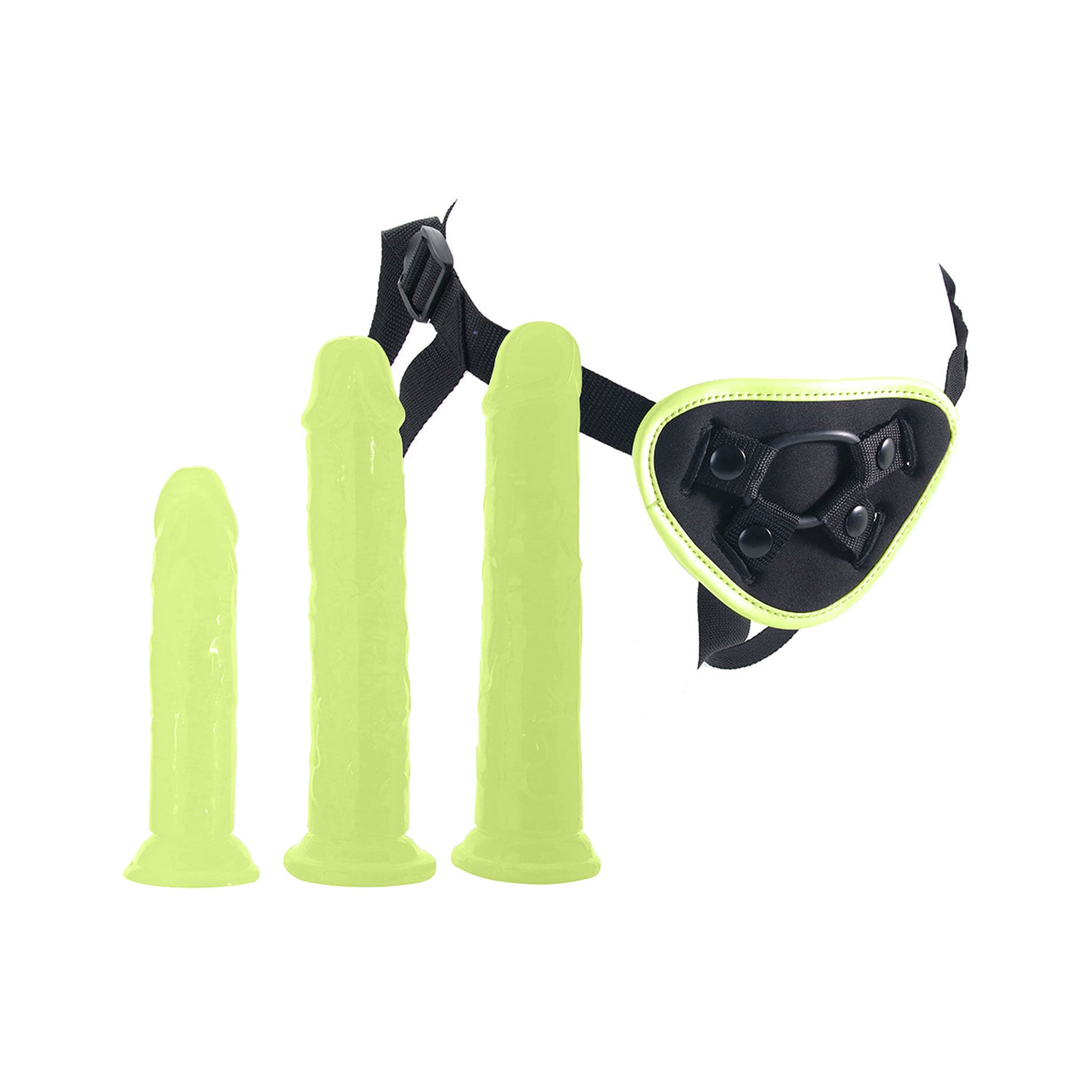 Glow-in-the-dark green pegging kit silicone adjustable harness 3-dildo set